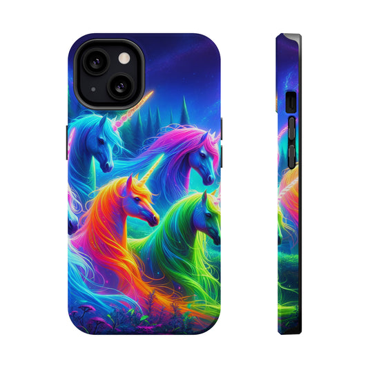 "Vibrant Neon Unicorn Rainbow" Neon Unicorns Premium Art Magsafe Magnet Tough IPhone 13 14 15 Pro Plus Max and Mini in Matte and Glossy Phone cases