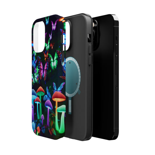 "Neon Burst Wonderland". Neon Butterflies and Mushrooms Premium Art Magsafe Magnet Tough IPhone 13 14 15 Pro Plus Max and Mini in Matte and Glossy Phone cases