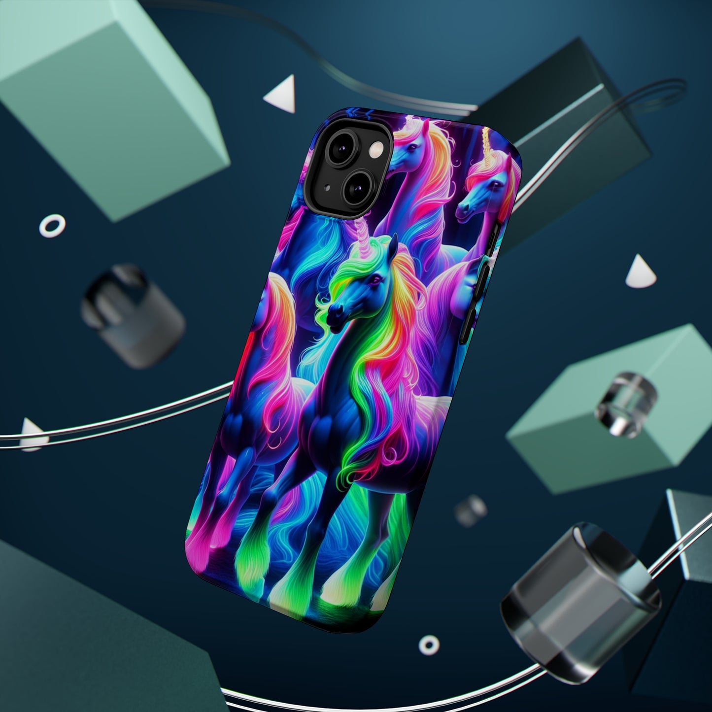 Neon Magic Skies - Unicorn Gang. Neon Unicorns Premium Art Magsafe Magnet Tough IPhone 13 14 15 Pro Plus Max and Mini in Matte and Glossy Phone cases