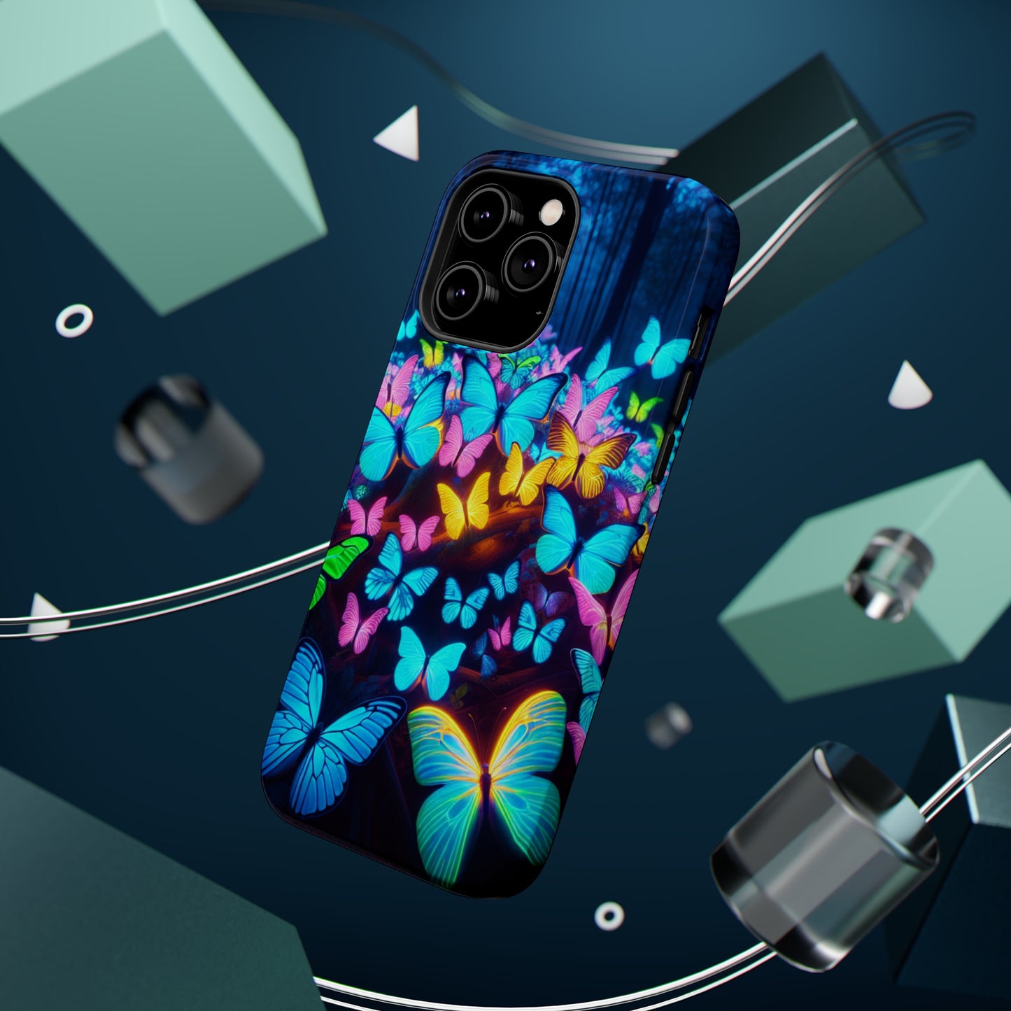 "Scintillating Swirls of Neon Butterflies" Neon Butterflies Premium Art Magsafe Magnet Tough IPhone 13 14 15 Pro Plus Max and Mini in Matte and Glossy Phone cases