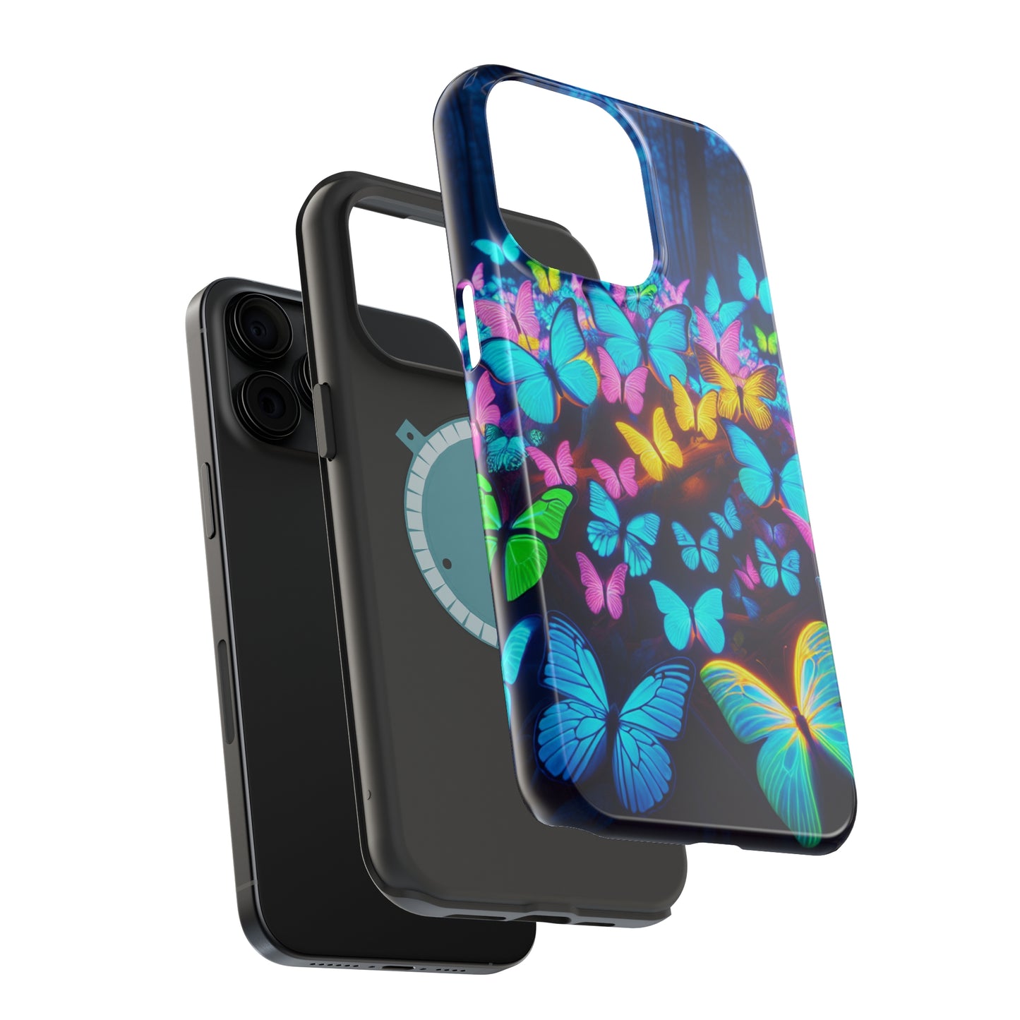 "Scintillating Swirls of Neon Butterflies" Neon Butterflies Premium Art Magsafe Magnet Tough IPhone 13 14 15 Pro Plus Max and Mini in Matte and Glossy Phone cases
