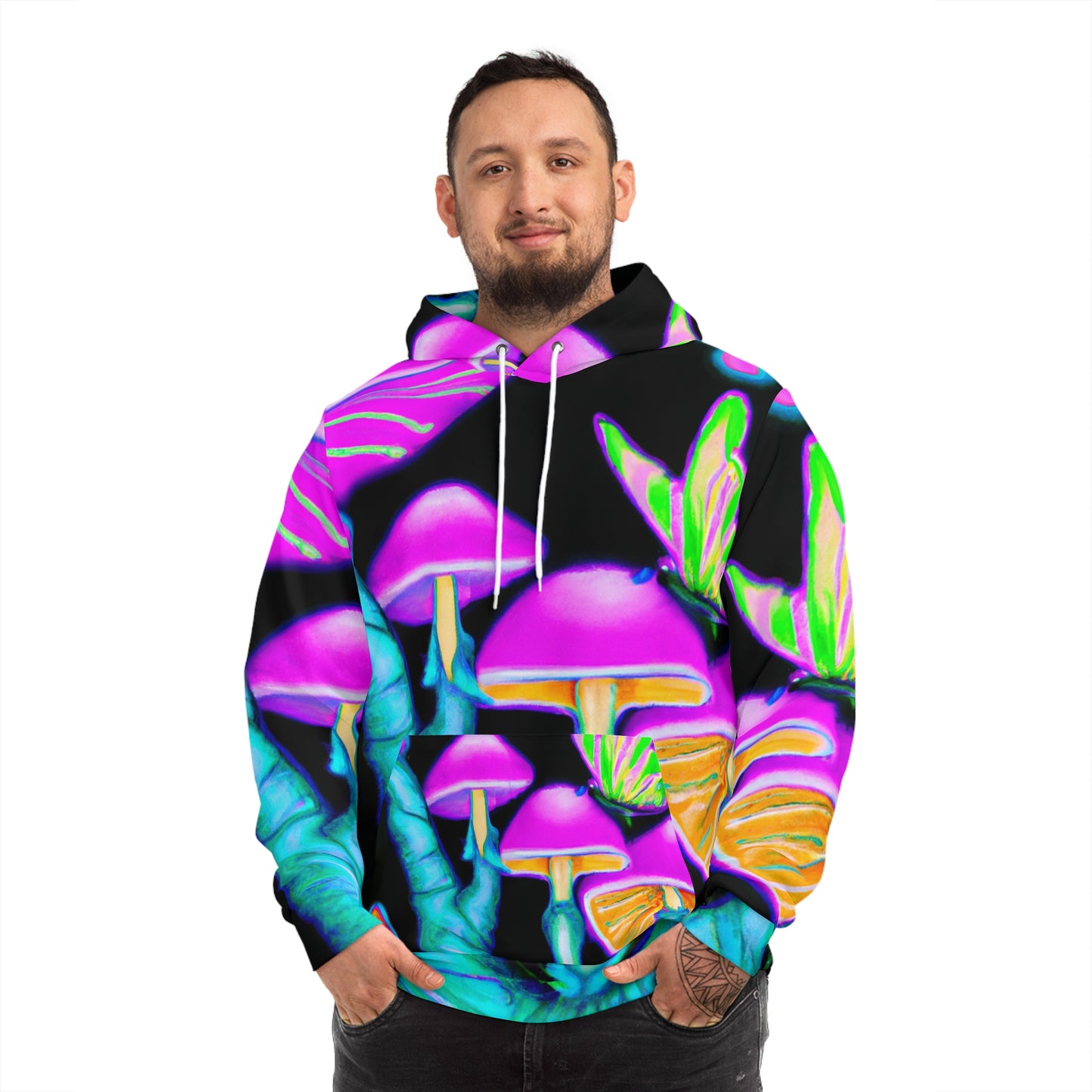 "Electric Neon Fantasia" - Butterflies & Mushrooms AOP Hoodie