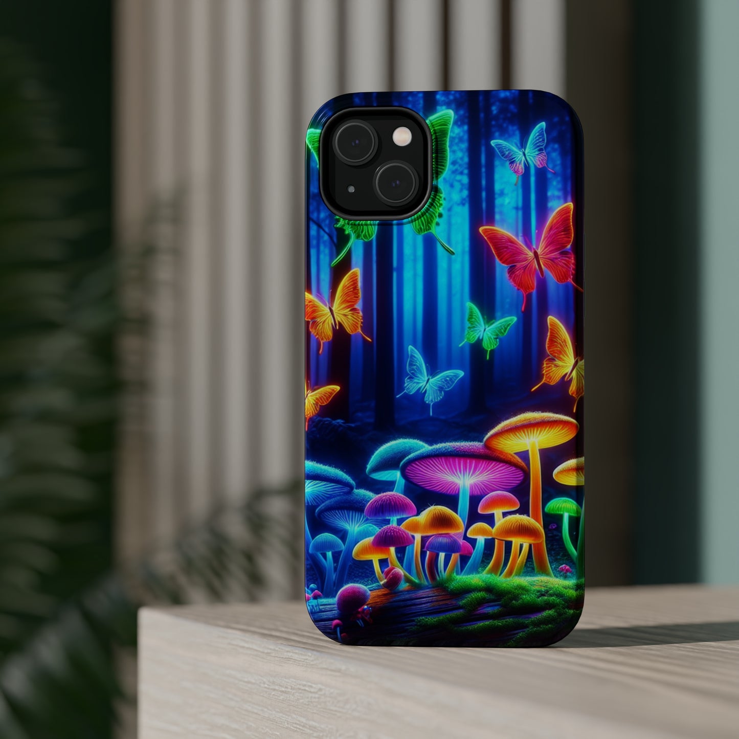 "Neon Garden Delight" Neon Butterflies and Mushrooms Premium Art Magsafe Magnet Tough IPhone 13 14 15 Pro Plus Max and Mini in Matte and Glossy Phone cases