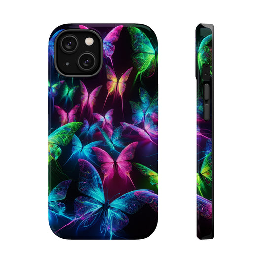 'Euphoria in Neon Flight' Neon Butterflies Premium Art Magsafe Magnet Tough IPhone 13 14 15 Pro Plus Max and Mini in Matte and Glossy Phone cases