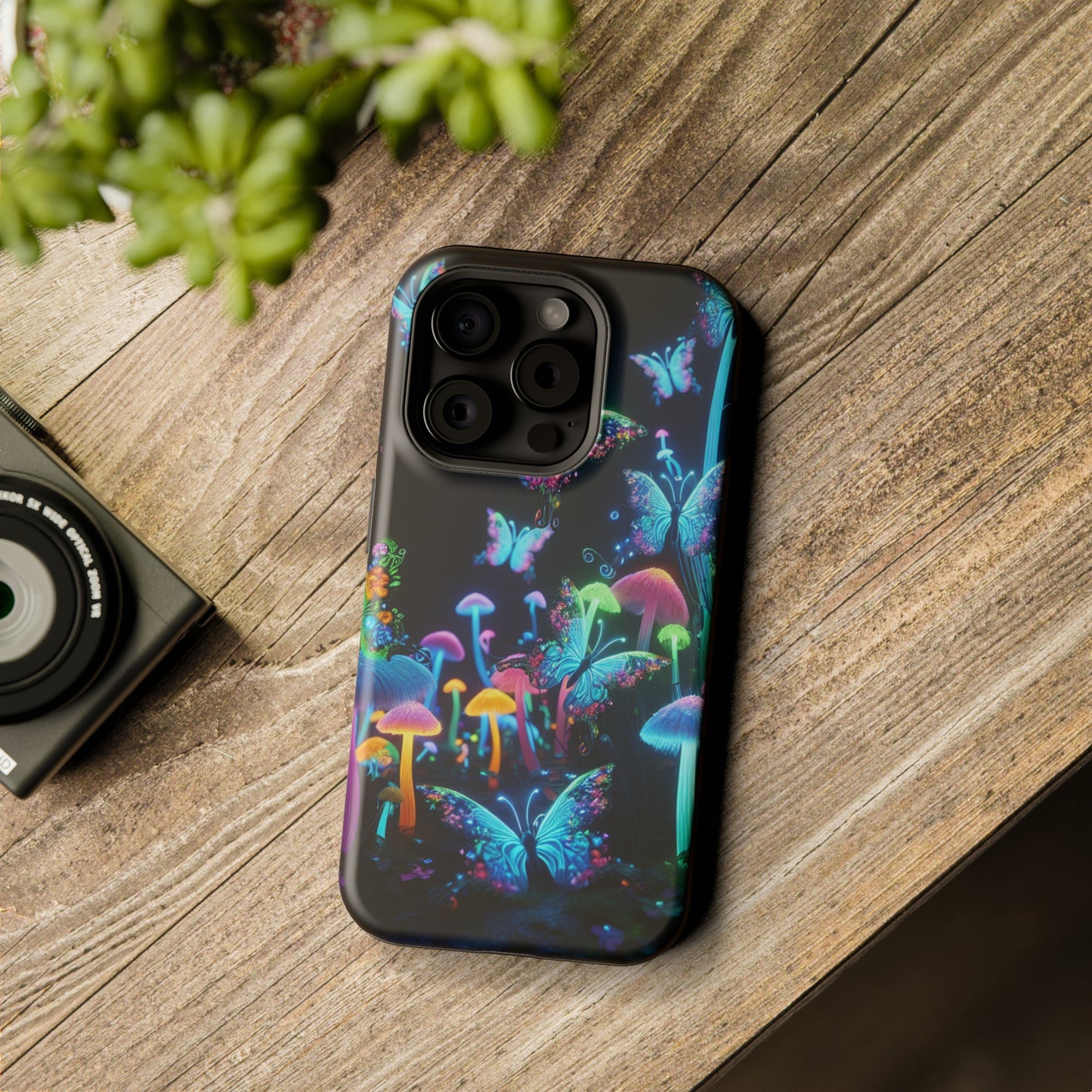 "Neon Dreamscape" Neon Butterflies and Mushrooms Premium Art Magsafe Magnet Tough IPhone 13 14 15 Pro Plus Max and Mini in Matte and Glossy Phone cases