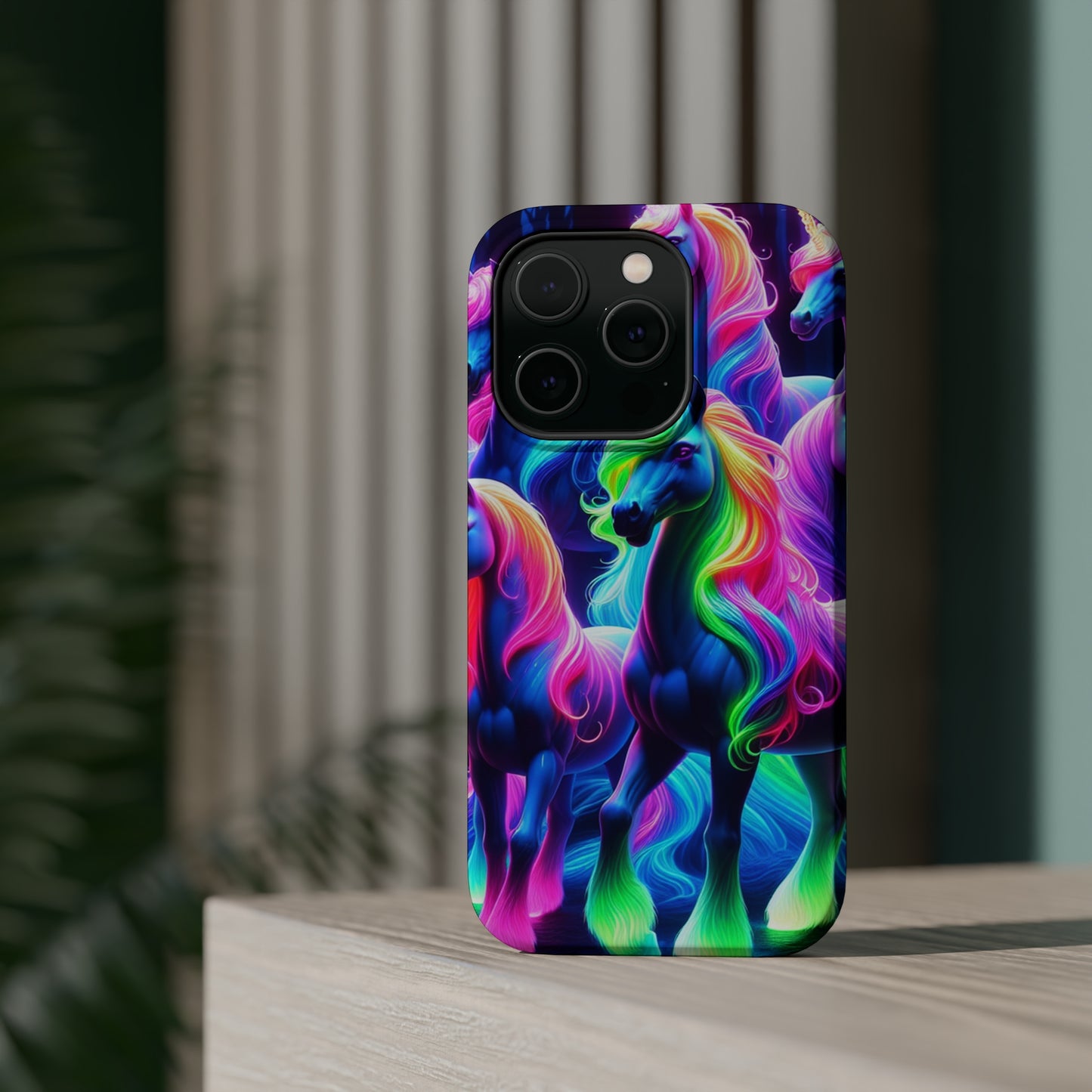 Neon Magic Skies - Unicorn Gang. Neon Unicorns Premium Art Magsafe Magnet Tough IPhone 13 14 15 Pro Plus Max and Mini in Matte and Glossy Phone cases