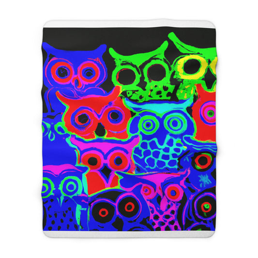 "Electric Night Owls" - NEON Owls Art Sherpa Blanket
