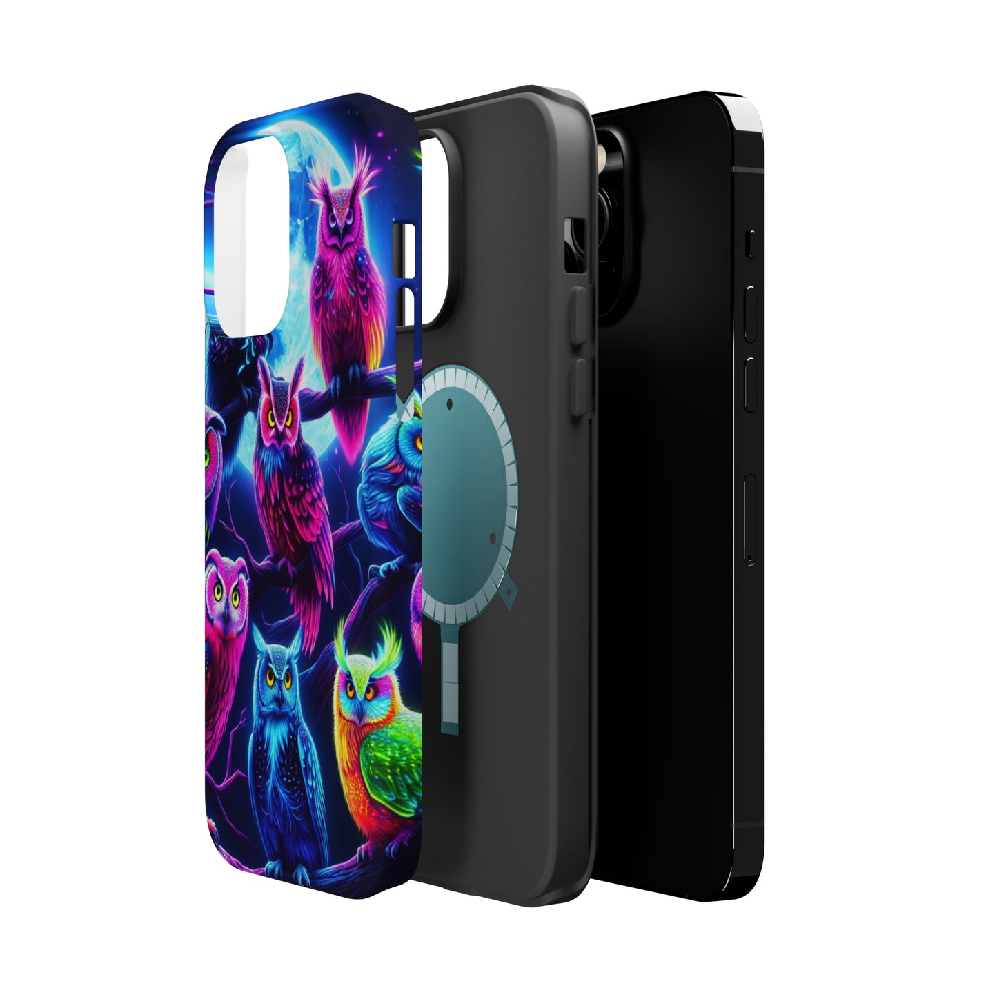 "Neon Splash of Owls" Neon Owls Premium Art Magsafe Magnet Tough IPhone 13 14 15 Pro Plus Max and Mini in Matte and Glossy Phone cases