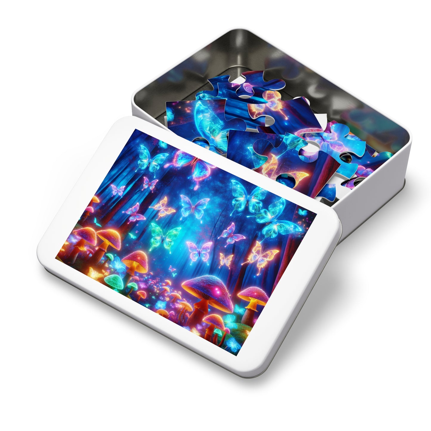 'Vibrant Neon Dreamscape' - Neon Butterflies and Mushrooms Puzzle 30, 110, 252, and 1000 Pieces