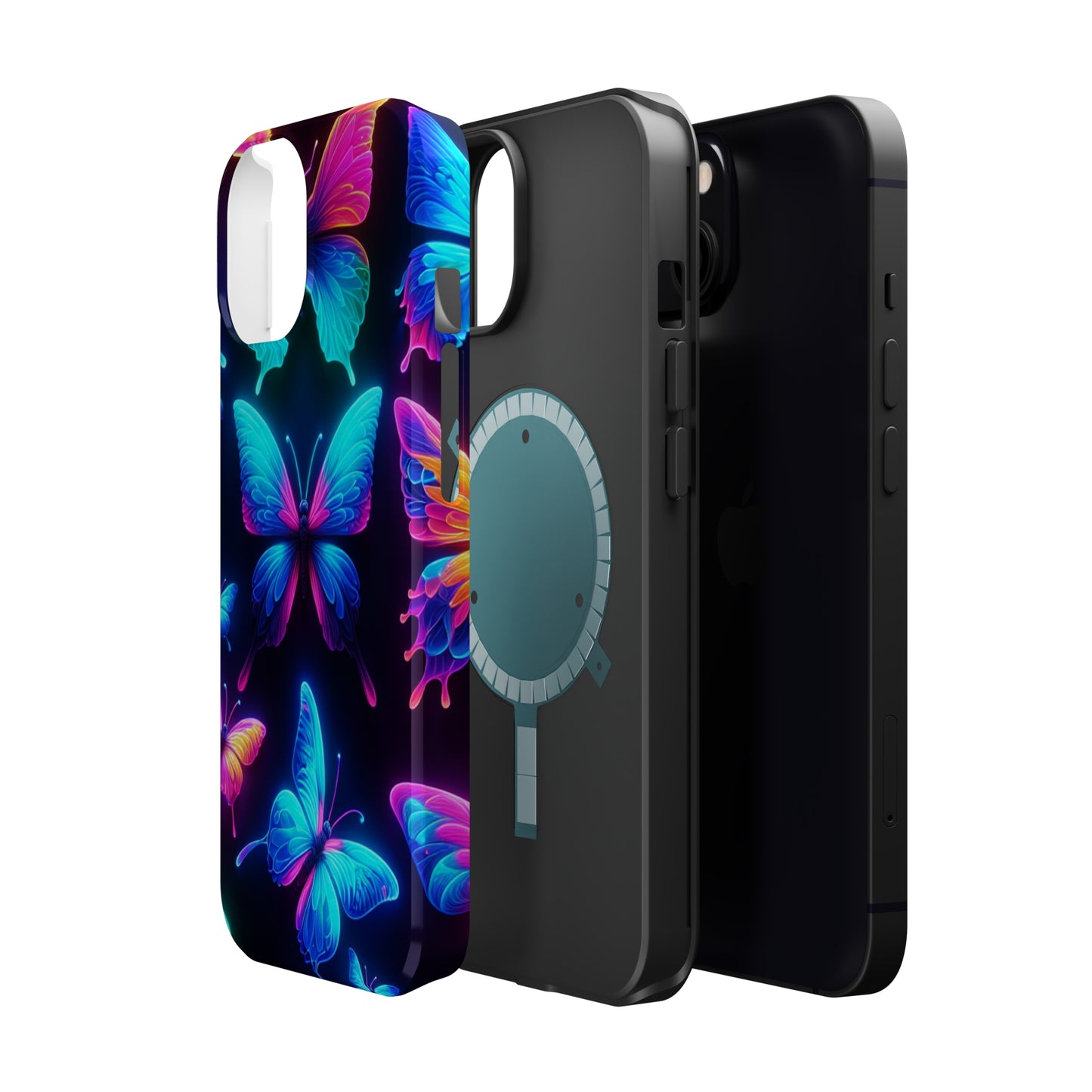 "Neon Flight Frenzy" Neon Butterflies Premium Art Magsafe Magnet Tough IPhone 13 14 15 Pro Plus Max and Mini in Matte and Glossy Phone cases