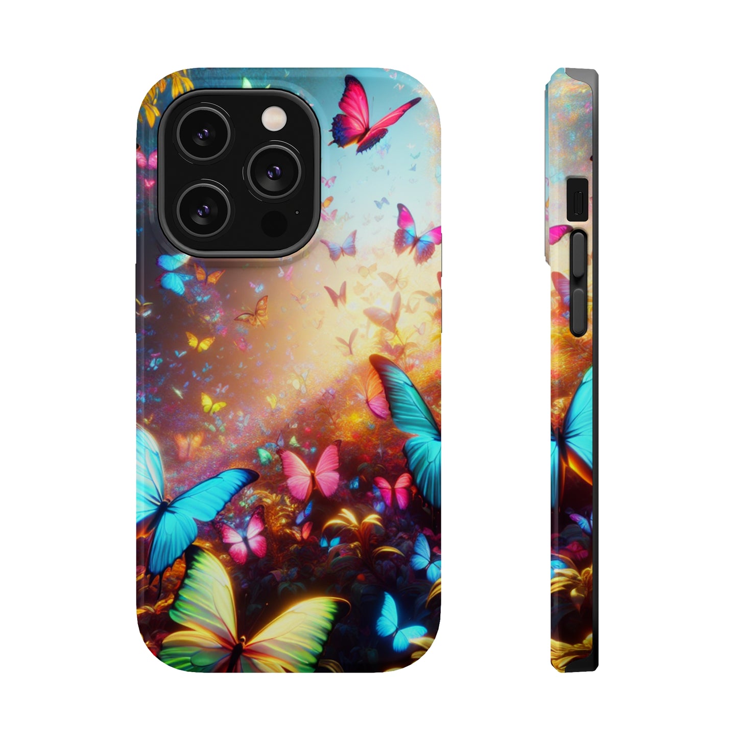 "Neon Butterfly Blooms" Neon Butterflies Premium Art Magsafe Magnet Tough IPhone 13 14 15 Pro Plus Max and Mini in Matte and Glossy Phone cases
