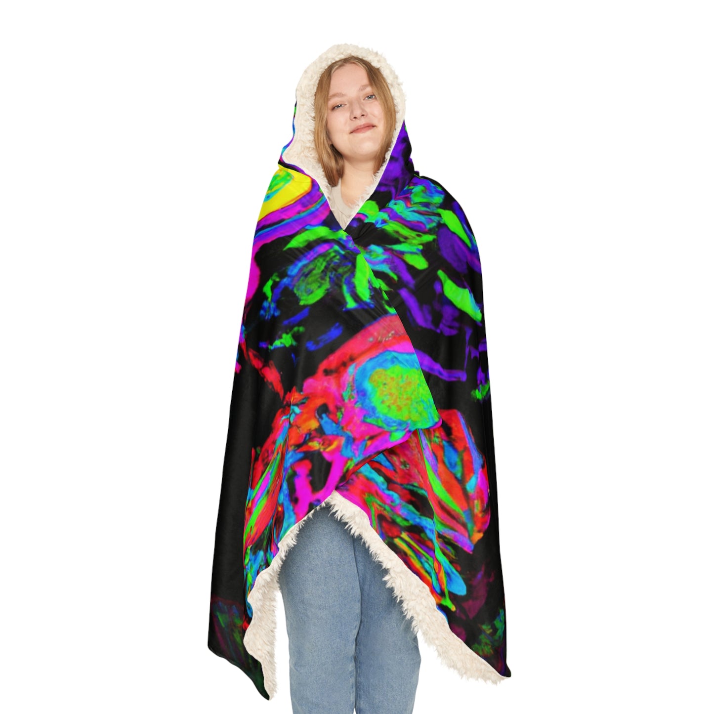 "Owls After Dark" - NEON Owls Art Hooded Snuggle Blanket