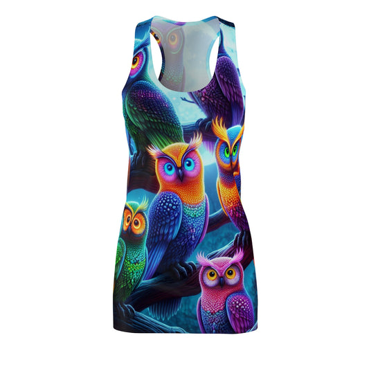 "Fantasmic Fluorescence of the Flock" Neon Owls Racerback Dress