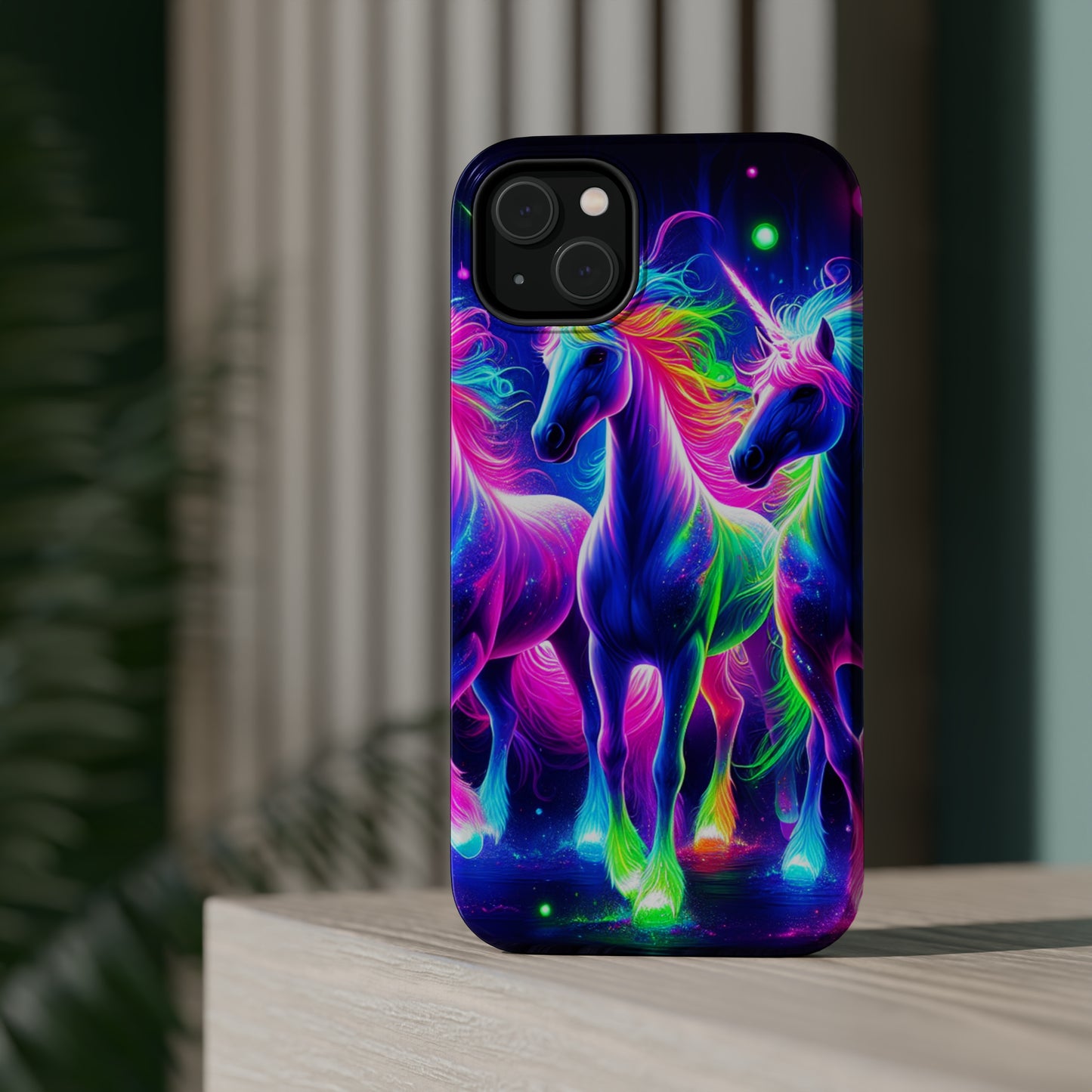 "Uni-Neon Fantasy" Neon Unicorns Premium Art Magsafe Magnet Tough IPhone 13 14 15 Pro Plus Max and Mini in Matte and Glossy Phone cases