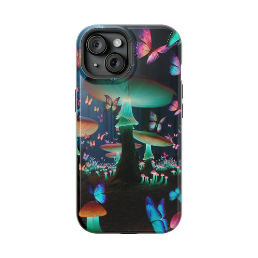 Neon Garden Delight. Neon Butterflies and Mushrooms Premium Art Magsafe Magnet Tough IPhone 13 14 15 Pro Plus Max and Mini in Matte and Glossy Phone cases