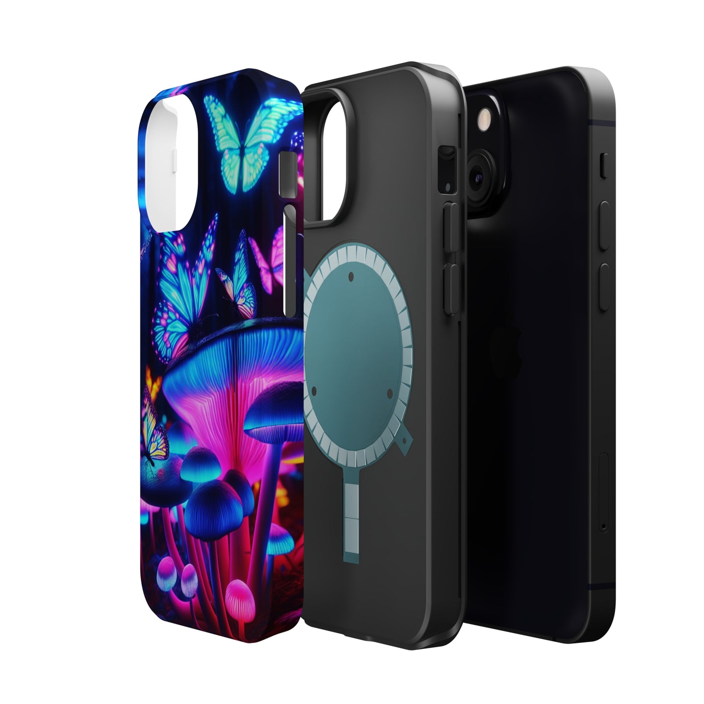 Neon Fantasy Garden Neon Butterflies and Mushrooms Premium Art Magsafe Magnet Tough IPhone 13 14 15 Pro Plus Max and Mini in Matte and Glossy Phone cases