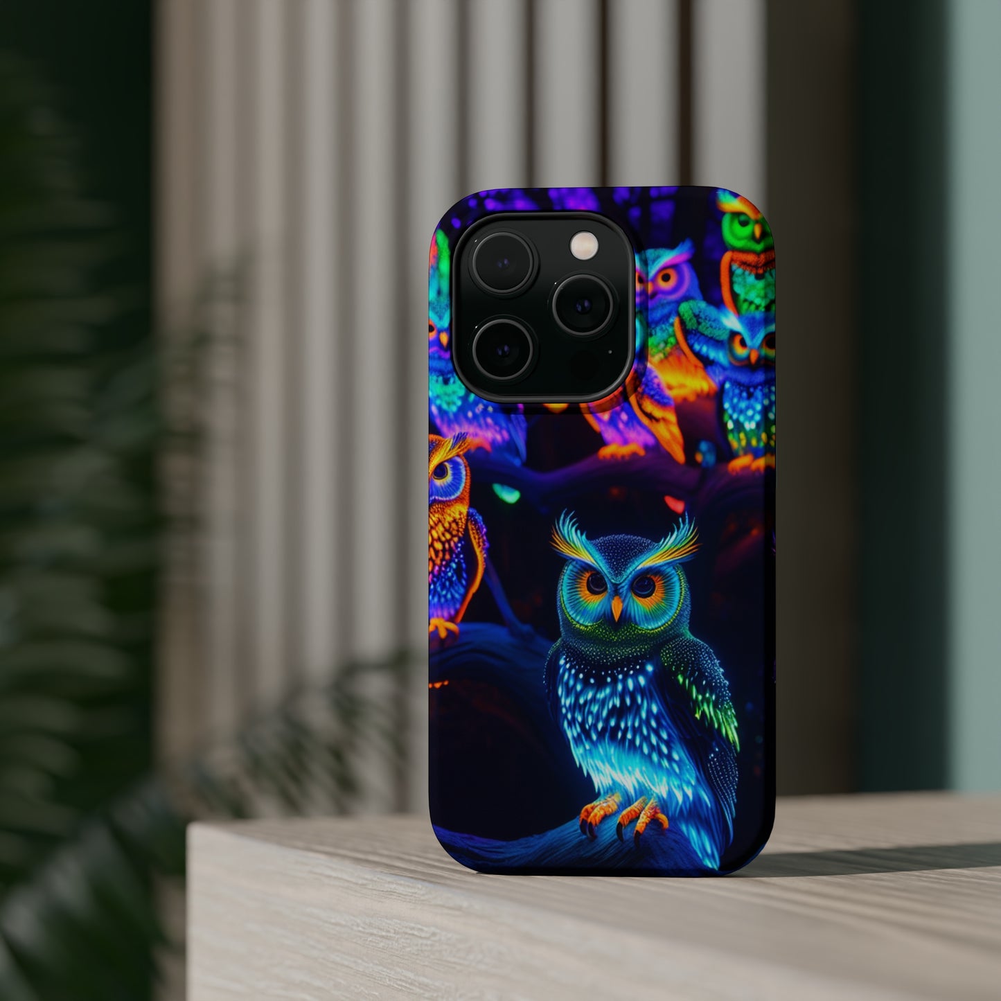 Glowing Neon Clan. Neon Owls Premium Art Magsafe Magnet Tough IPhone 13 14 15 Pro Plus Max and Mini in Matte and Glossy Phone cases