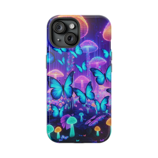 Neon Delight Landscape Neon Butterflies and Mushrooms Premium Art Magsafe Magnet Tough IPhone 13 14 15 Pro Plus Max and Mini in Matte and Glossy Phone cases