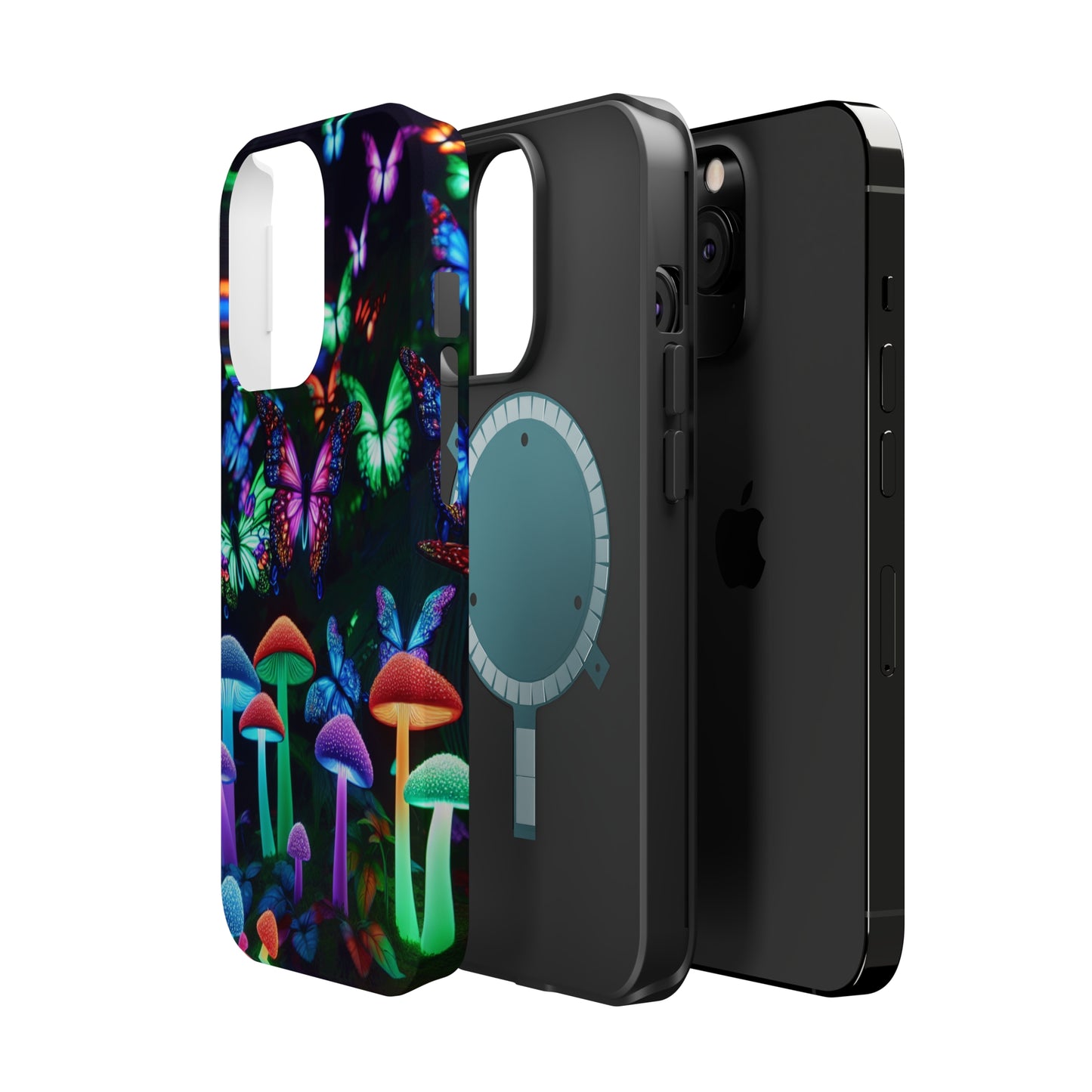 "Neon Burst Wonderland". Neon Butterflies and Mushrooms Premium Art Magsafe Magnet Tough IPhone 13 14 15 Pro Plus Max and Mini in Matte and Glossy Phone cases