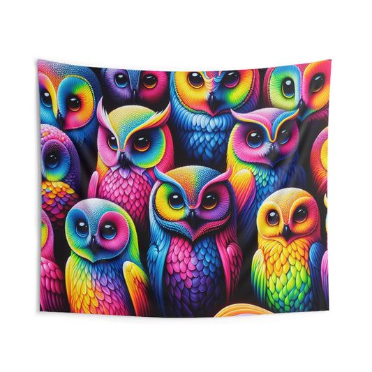 Neon Nocturnal Serenade NEON Owls Art Tapestry