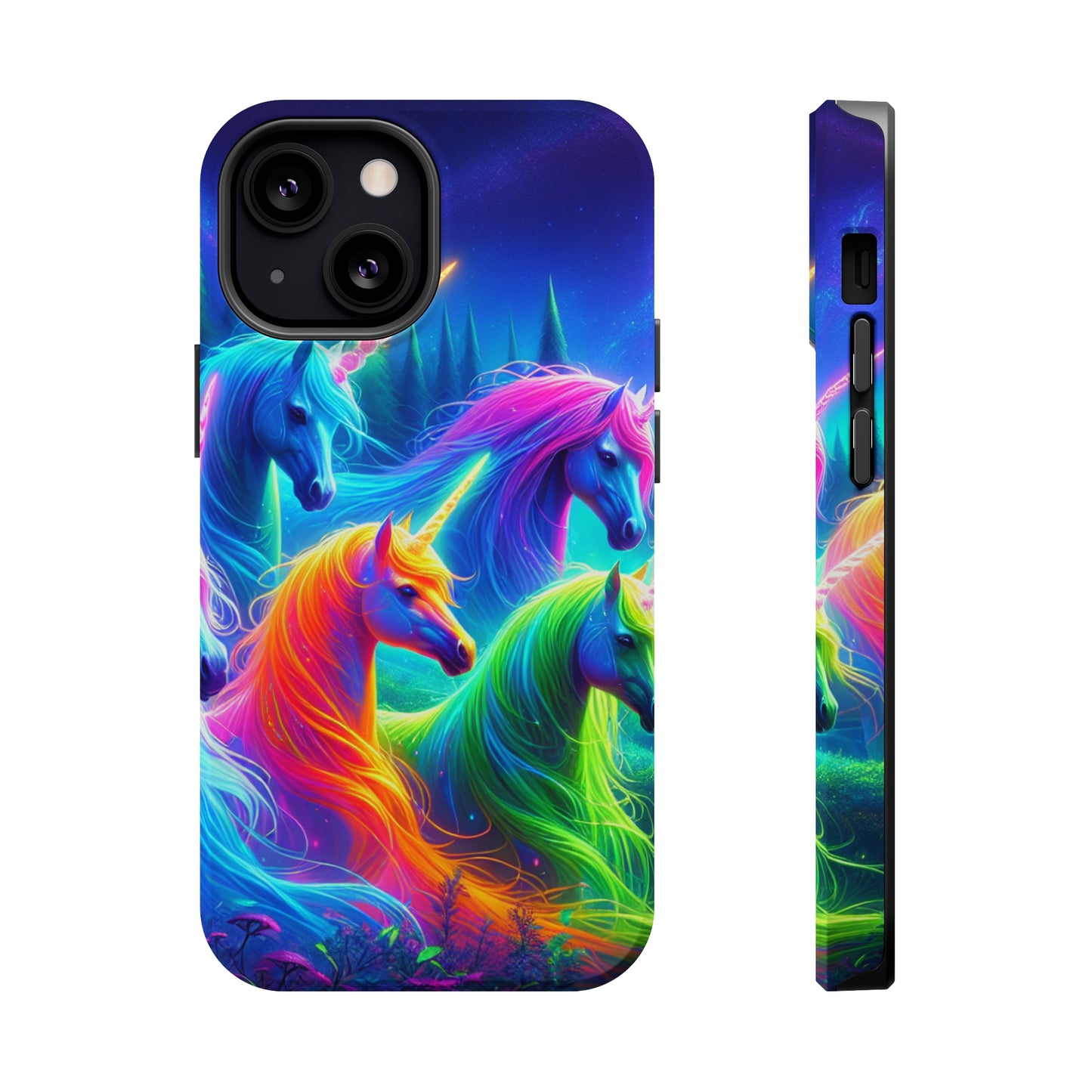 "Vibrant Neon Unicorn Rainbow" Neon Unicorns Premium Art Magsafe Magnet Tough IPhone 13 14 15 Pro Plus Max and Mini in Matte and Glossy Phone cases