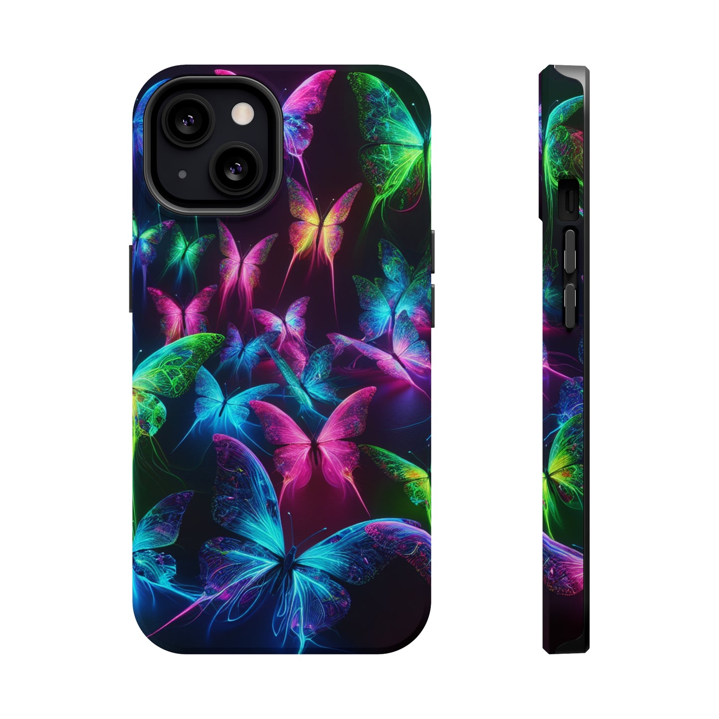 'Euphoria in Neon Flight' Neon Butterflies Premium Art Magsafe Magnet Tough IPhone 13 14 15 Pro Plus Max and Mini in Matte and Glossy Phone cases