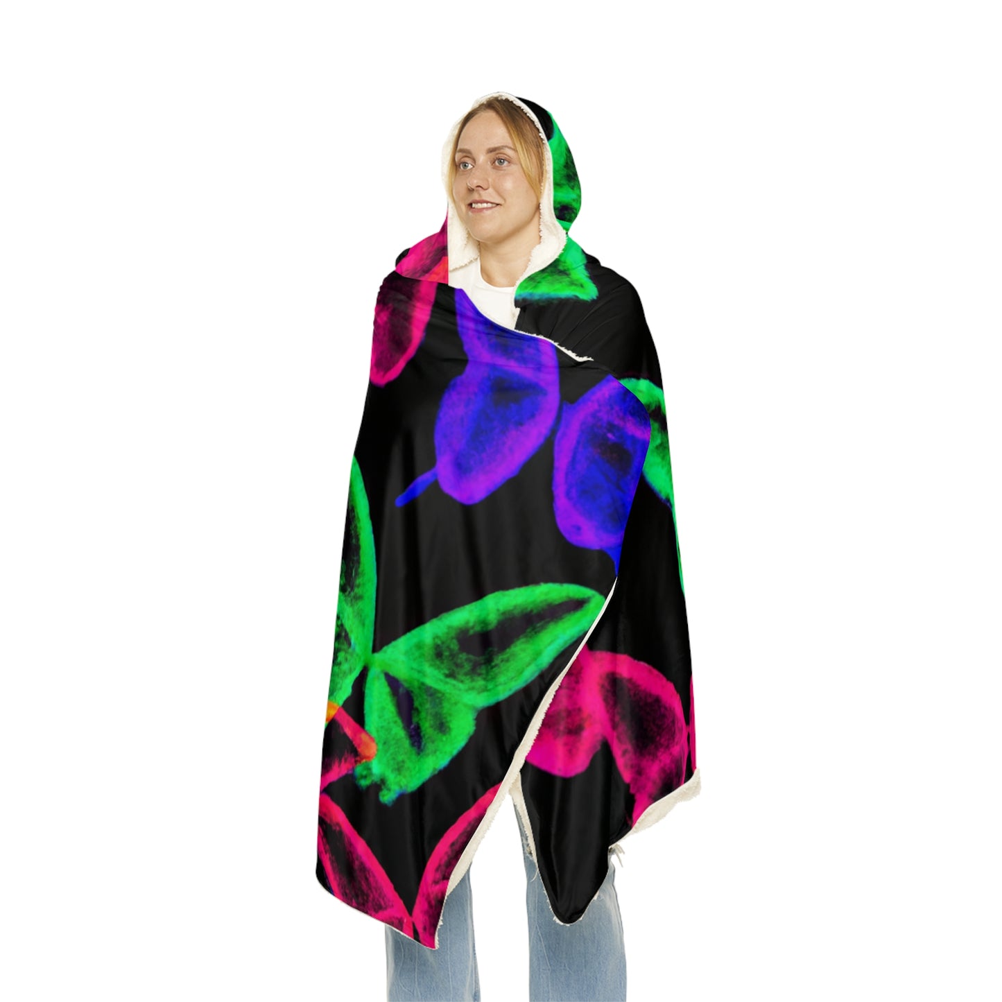 "Vivid Nebula of Butterflies" - NEON Butterflies Art Hooded Snuggle Blanket