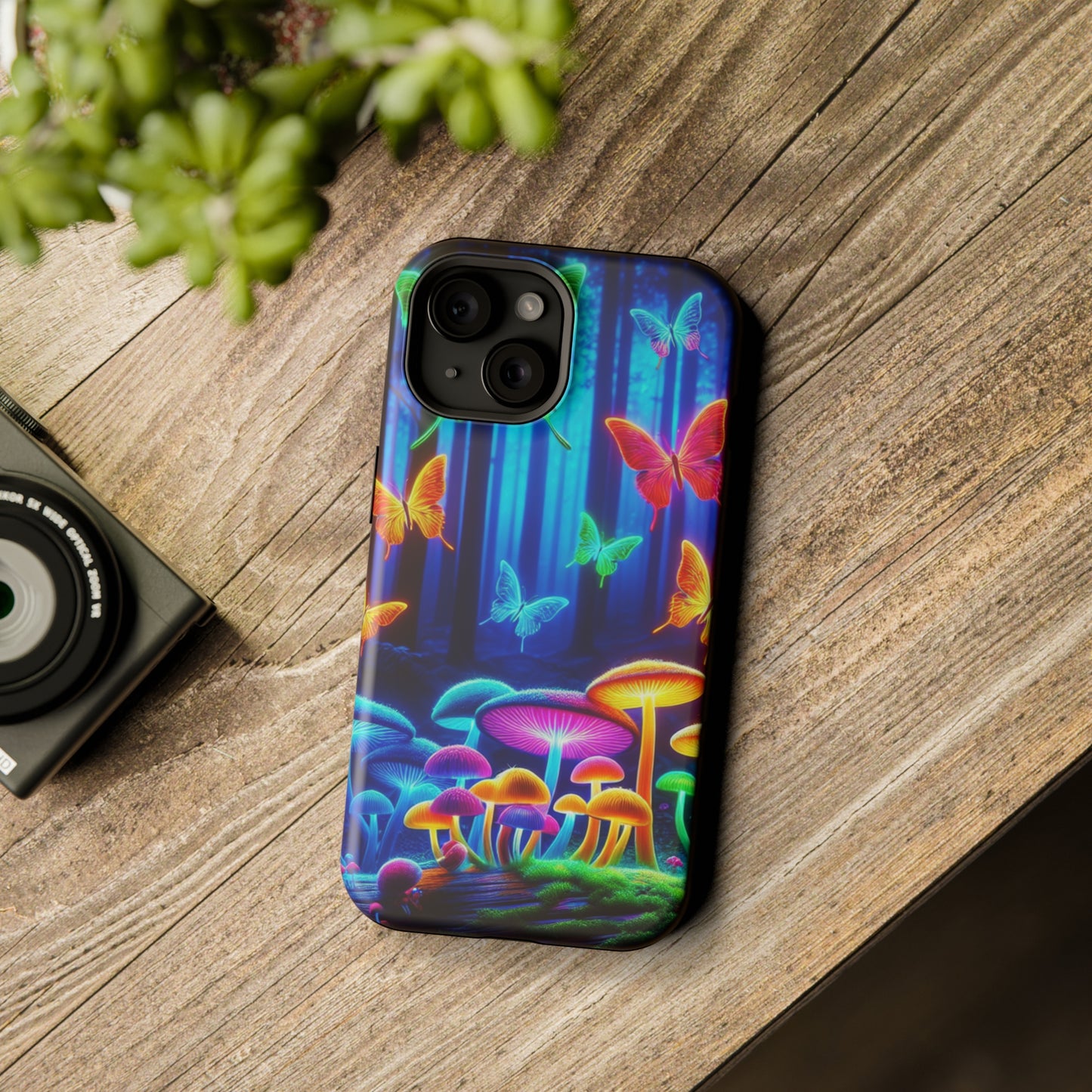 "Neon Garden Delight" Neon Butterflies and Mushrooms Premium Art Magsafe Magnet Tough IPhone 13 14 15 Pro Plus Max and Mini in Matte and Glossy Phone cases