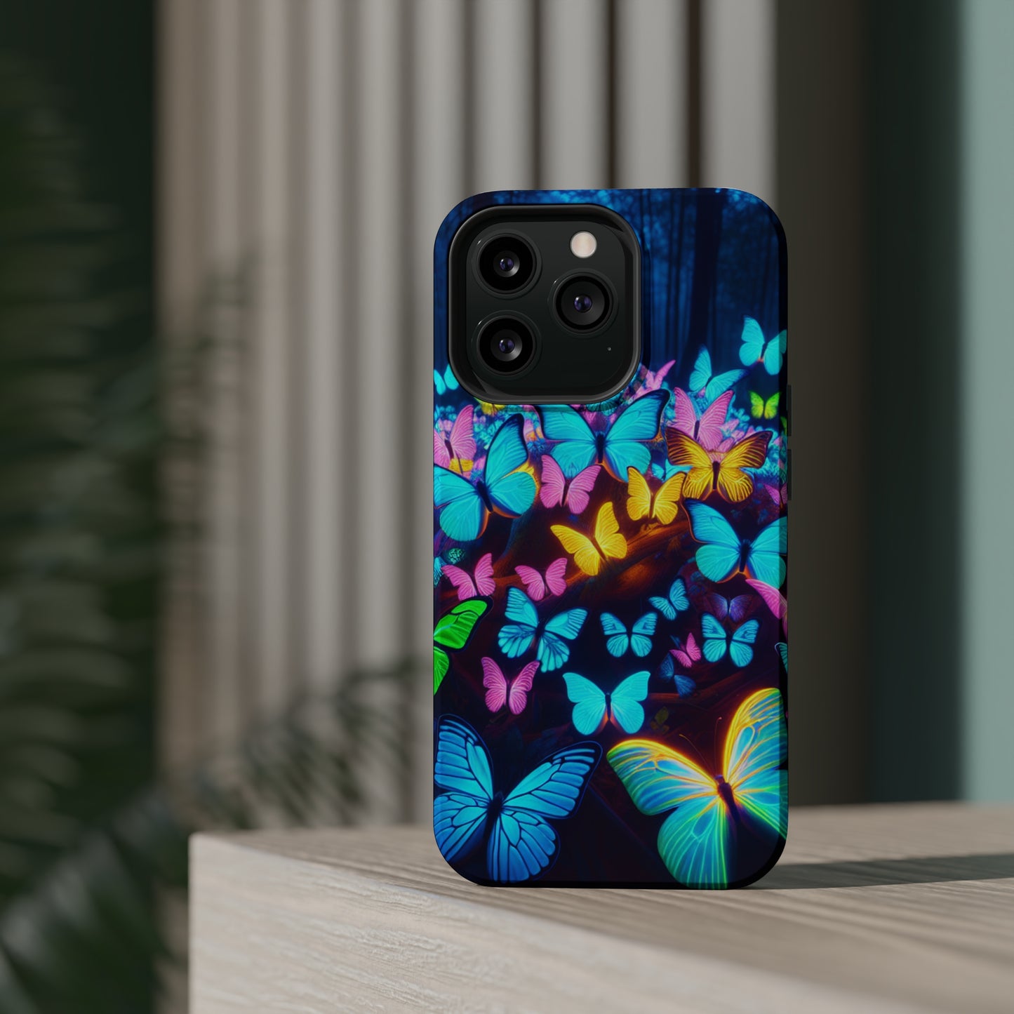 "Scintillating Swirls of Neon Butterflies" Neon Butterflies Premium Art Magsafe Magnet Tough IPhone 13 14 15 Pro Plus Max and Mini in Matte and Glossy Phone cases