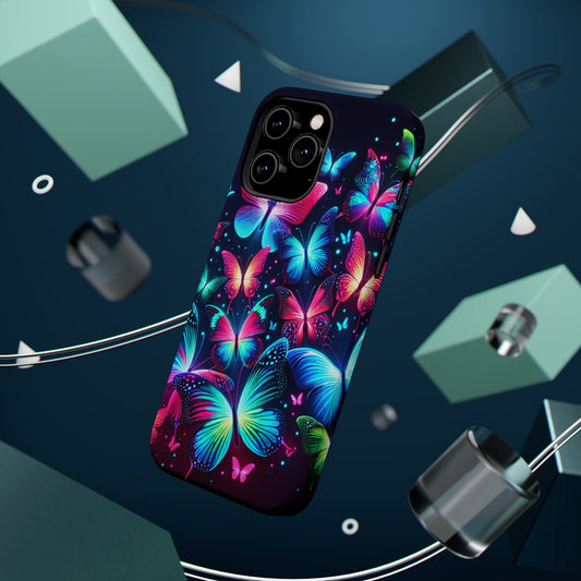 "Illuminated Neon Flutter" Neon Butterflies Premium Art Magsafe Magnet Tough IPhone 13 14 15 Pro Plus Max and Mini in Matte and Glossy Phone cases