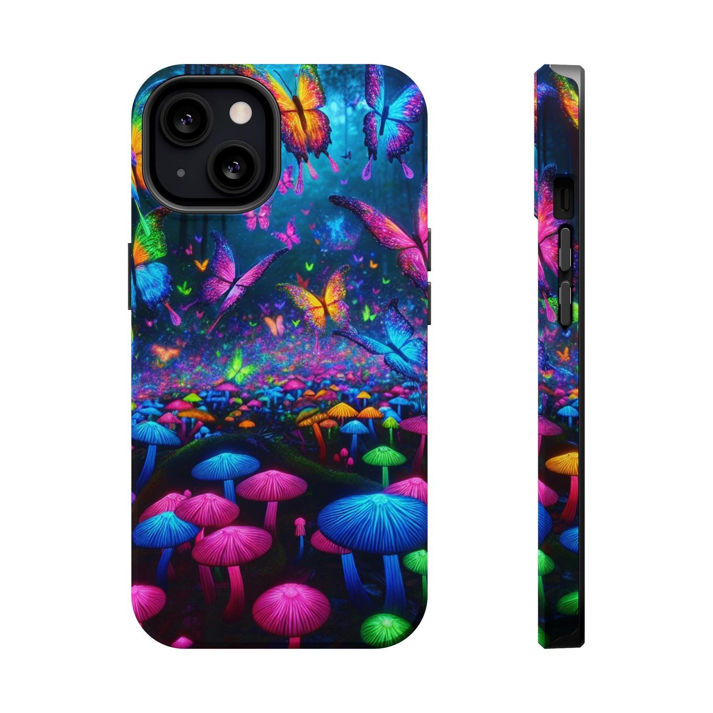 Neon Fruition Neon Butterflies and Mushrooms Premium Art Magsafe Magnet Tough IPhone 13 14 15 Pro Plus Max and Mini in Matte and Glossy Phone cases