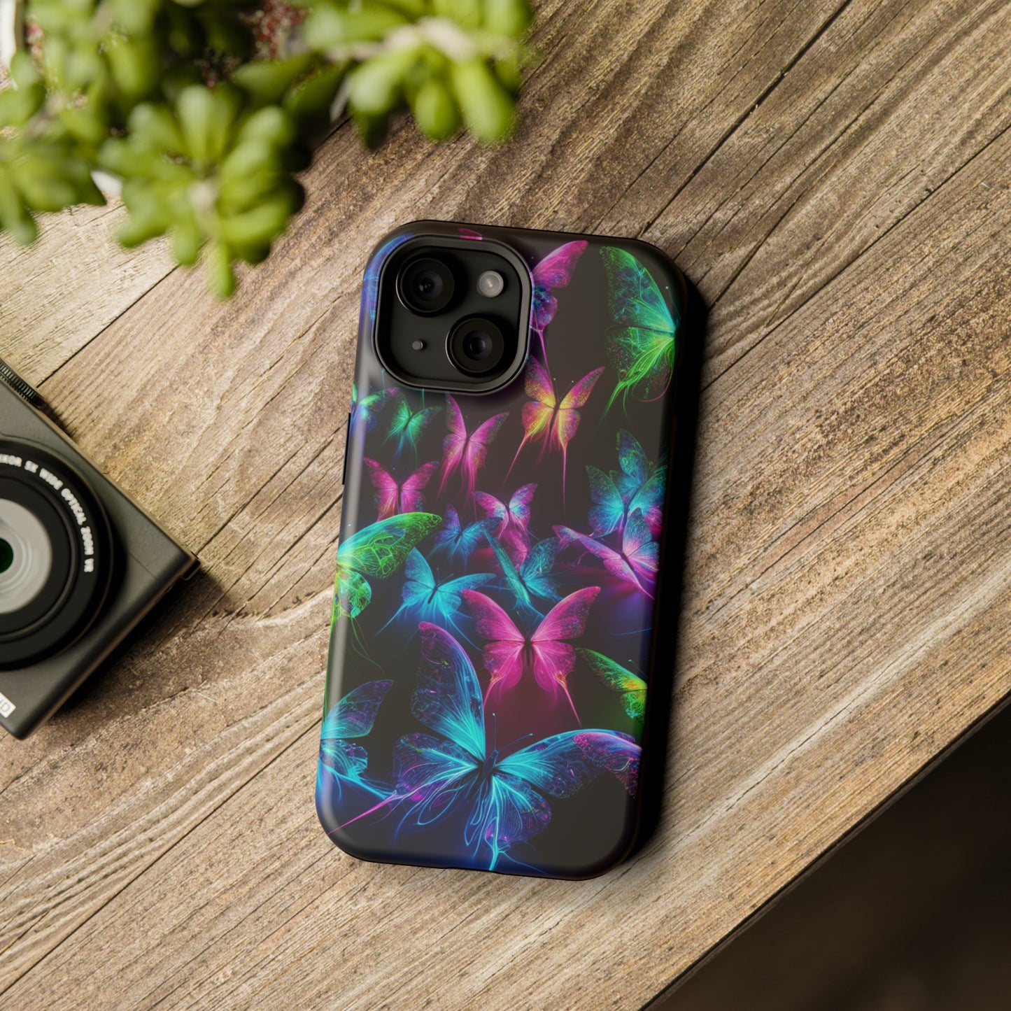 'Euphoria in Neon Flight' Neon Butterflies Premium Art Magsafe Magnet Tough IPhone 13 14 15 Pro Plus Max and Mini in Matte and Glossy Phone cases