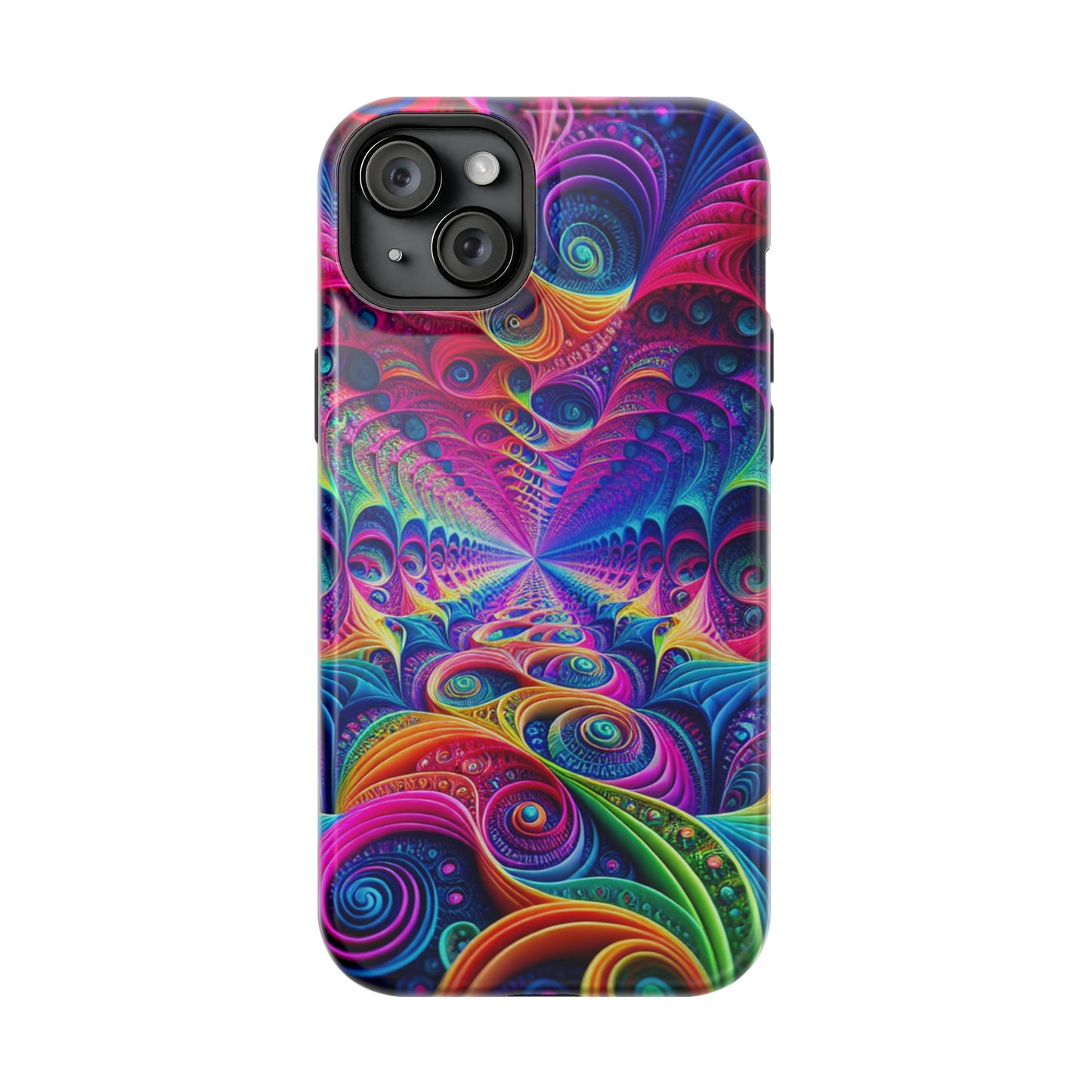 Cosmic Electric Rainbow Frenzy. Neon Trippy Infinity Patterns Premium Art Magsafe Magnet Tough IPhone 13 14 15 Pro Plus Max and Mini in Matte and Glossy Phone cases