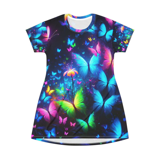 "Electric Flutter" Neon Butterflies Womans T Shirt Dress