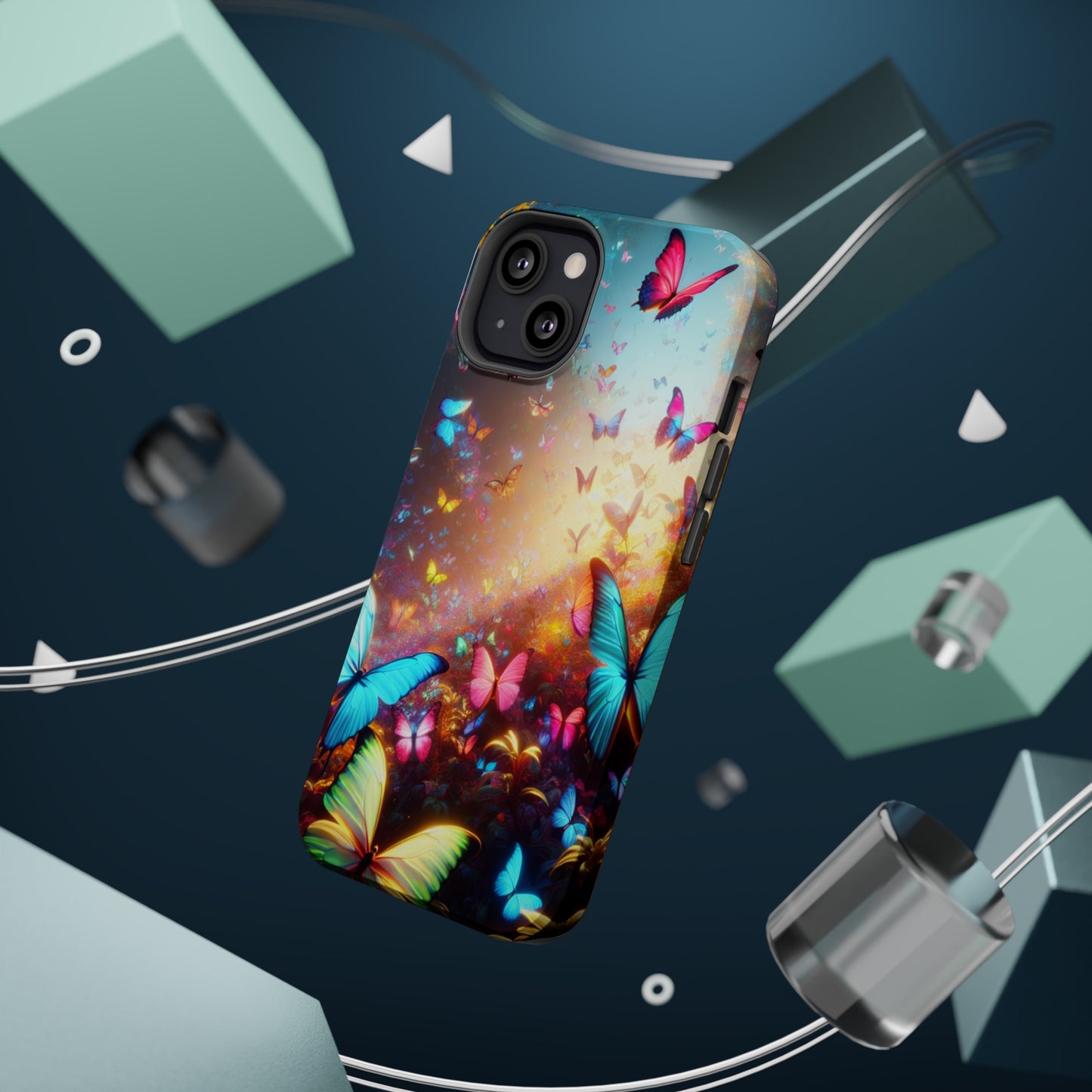 "Neon Butterfly Blooms" Neon Butterflies Premium Art Magsafe Magnet Tough IPhone 13 14 15 Pro Plus Max and Mini in Matte and Glossy Phone cases