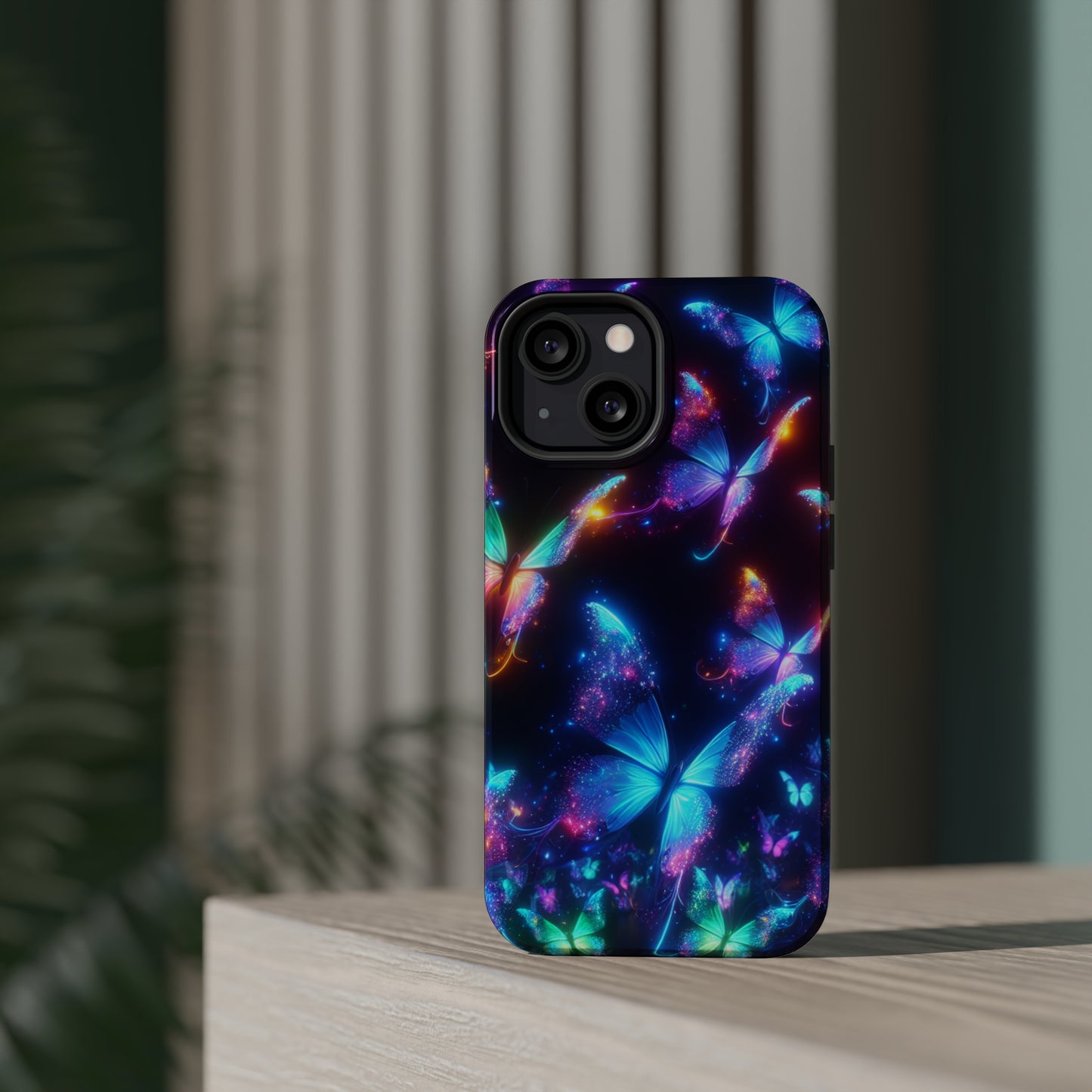 "Electrically Vivid Reverie" Neon Butterflies Premium Art Magsafe Magnet Tough IPhone 13 14 15 Pro Plus Max and Mini in Matte and Glossy Phone cases