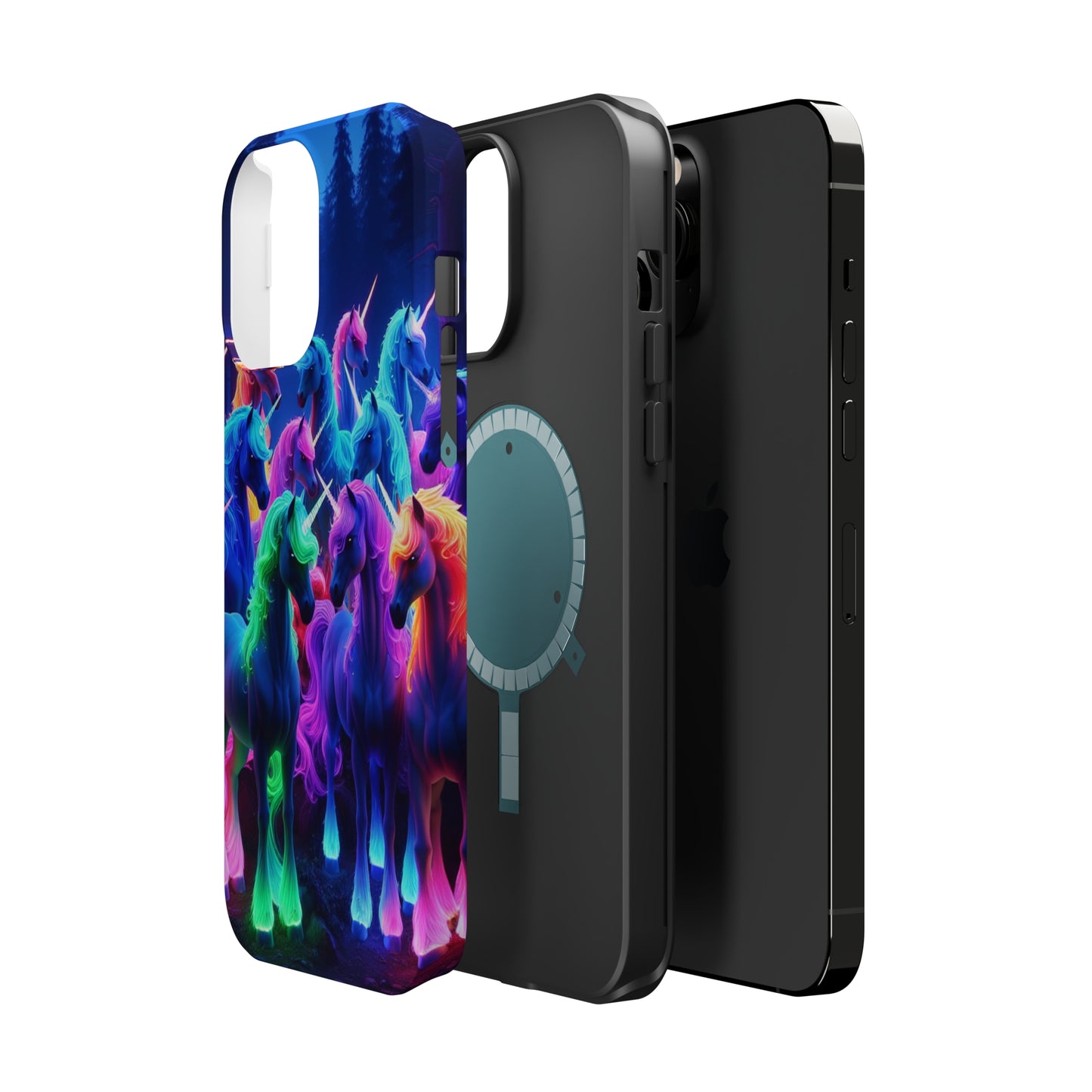 "Neon Fantasyland" Neon Unicorns Premium Art Magsafe Magnet Tough IPhone 13 14 15 Pro Plus Max and Mini in Matte and Glossy Phone cases