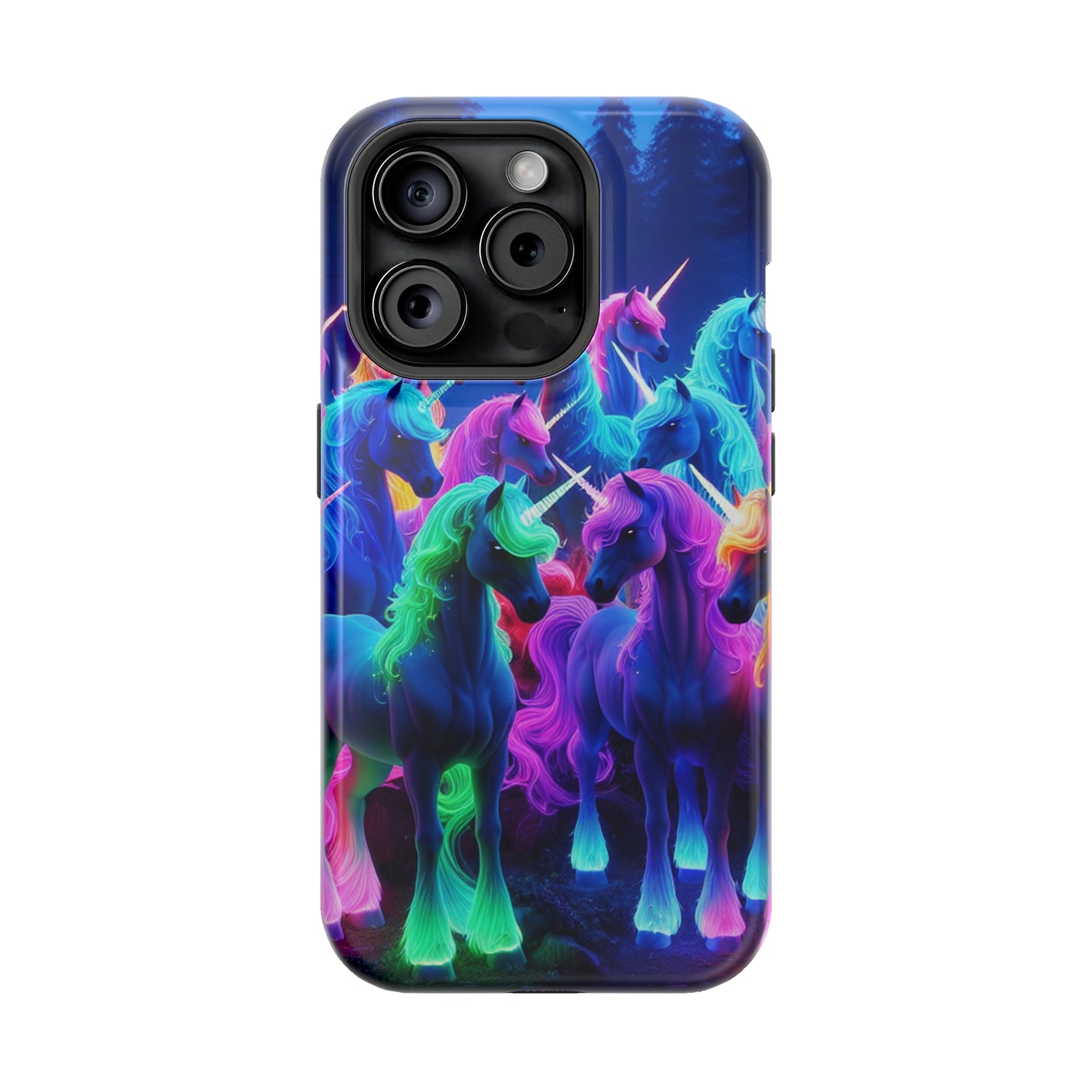 "Neon Fantasyland" Neon Unicorns Premium Art Magsafe Magnet Tough IPhone 13 14 15 Pro Plus Max and Mini in Matte and Glossy Phone cases