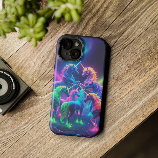 Neon Spectacle of Unicorns Neon Unicorns Premium Art Magsafe Magnet Tough IPhone 13 14 15 Pro Plus Max and Mini in Matte and Glossy Phone cases
