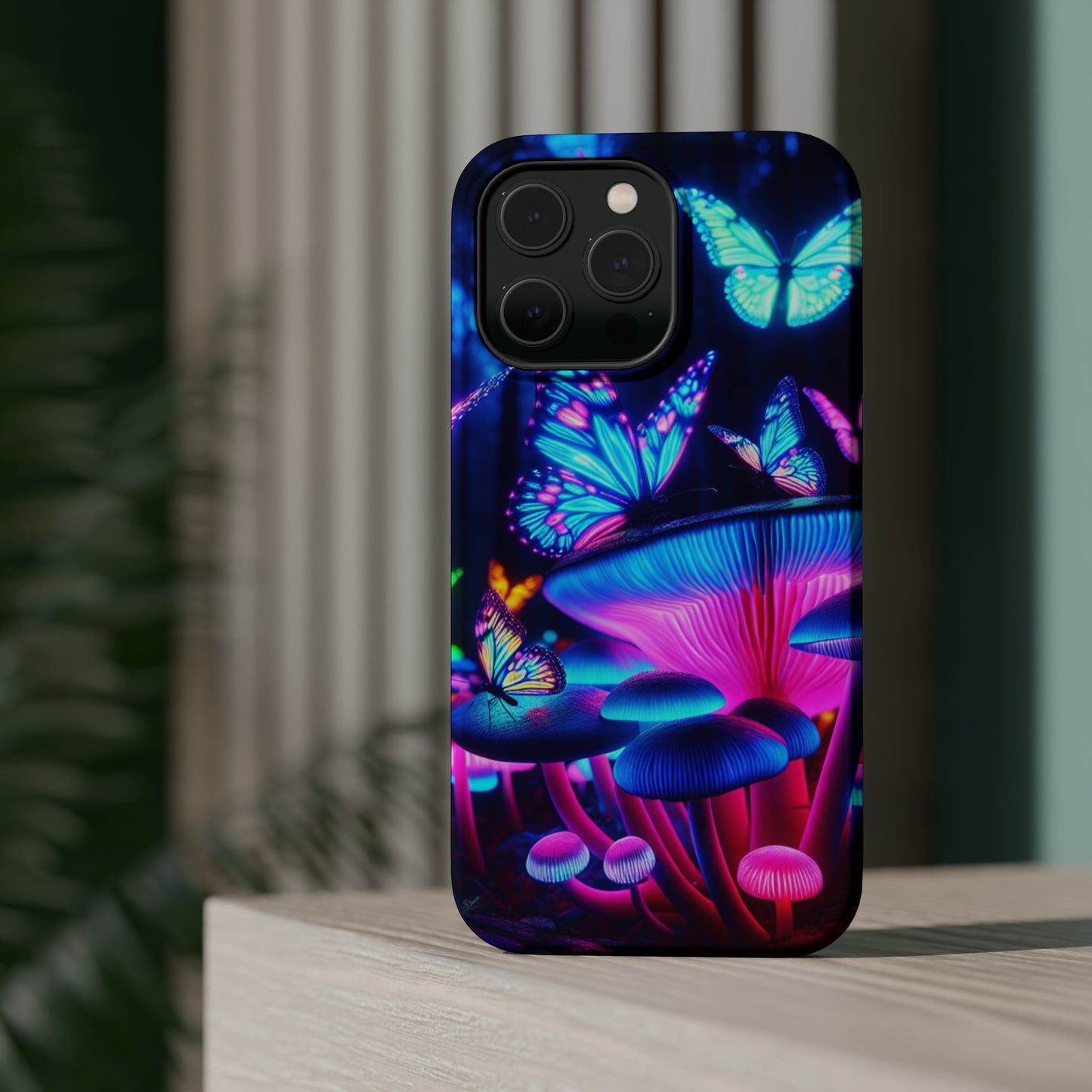 Neon Fantasy Garden Neon Butterflies and Mushrooms Premium Art Magsafe Magnet Tough IPhone 13 14 15 Pro Plus Max and Mini in Matte and Glossy Phone cases