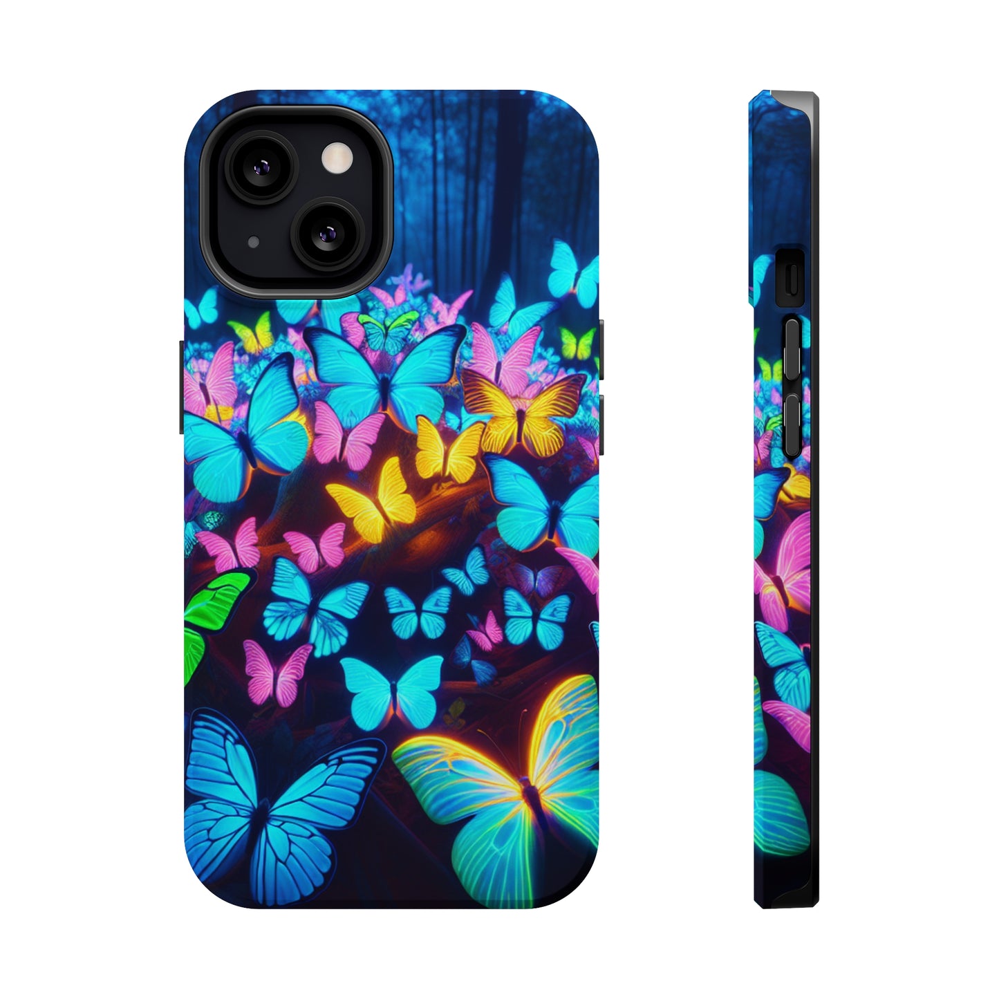 "Scintillating Swirls of Neon Butterflies" Neon Butterflies Premium Art Magsafe Magnet Tough IPhone 13 14 15 Pro Plus Max and Mini in Matte and Glossy Phone cases