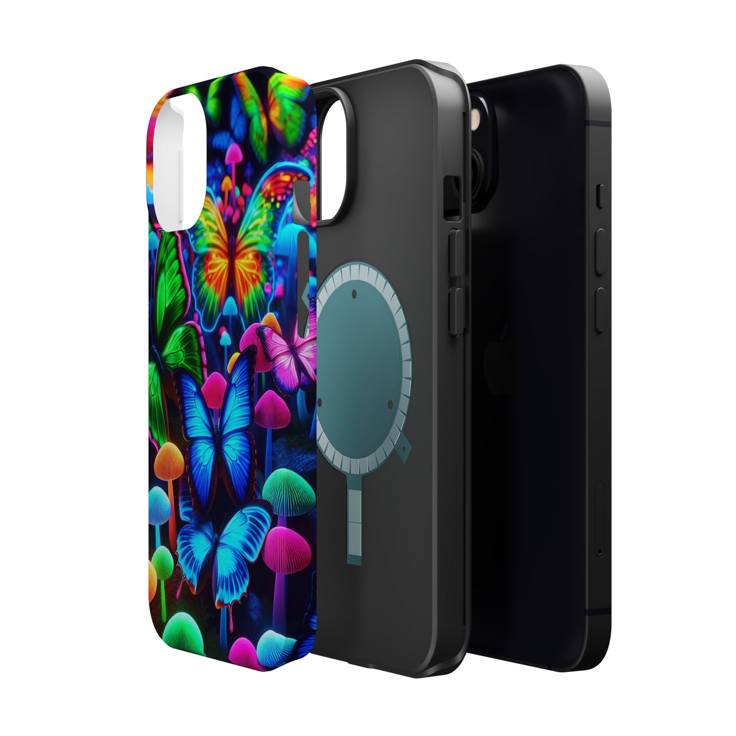 "Fantastic Fruition" Neon Butterflies and Mushrooms Premium Art Magsafe Magnet Tough IPhone 13 14 15 Pro Plus Max and Mini in Matte and Glossy Phone cases