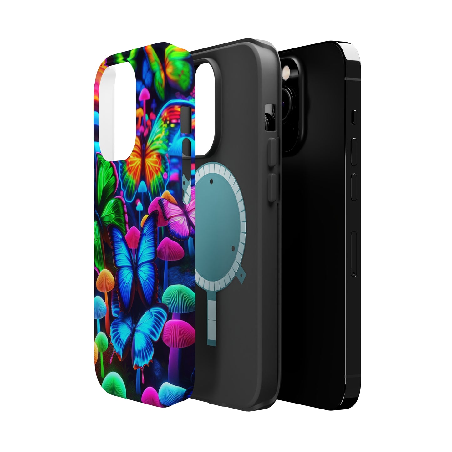 "Fantastic Fruition" Neon Butterflies and Mushrooms Premium Art Magsafe Magnet Tough IPhone 13 14 15 Pro Plus Max and Mini in Matte and Glossy Phone cases