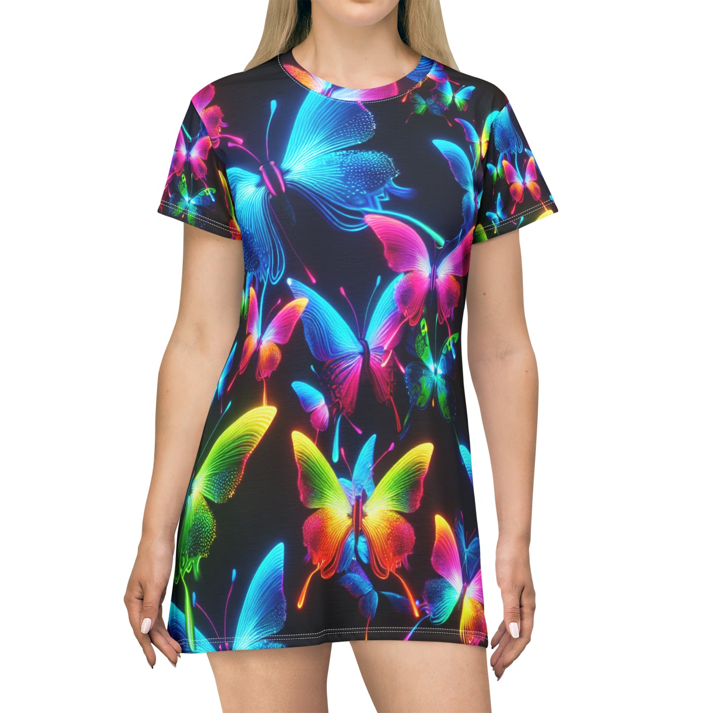 "Neon Flutterwall" Neon Butterflies Womans T Shirt Dress