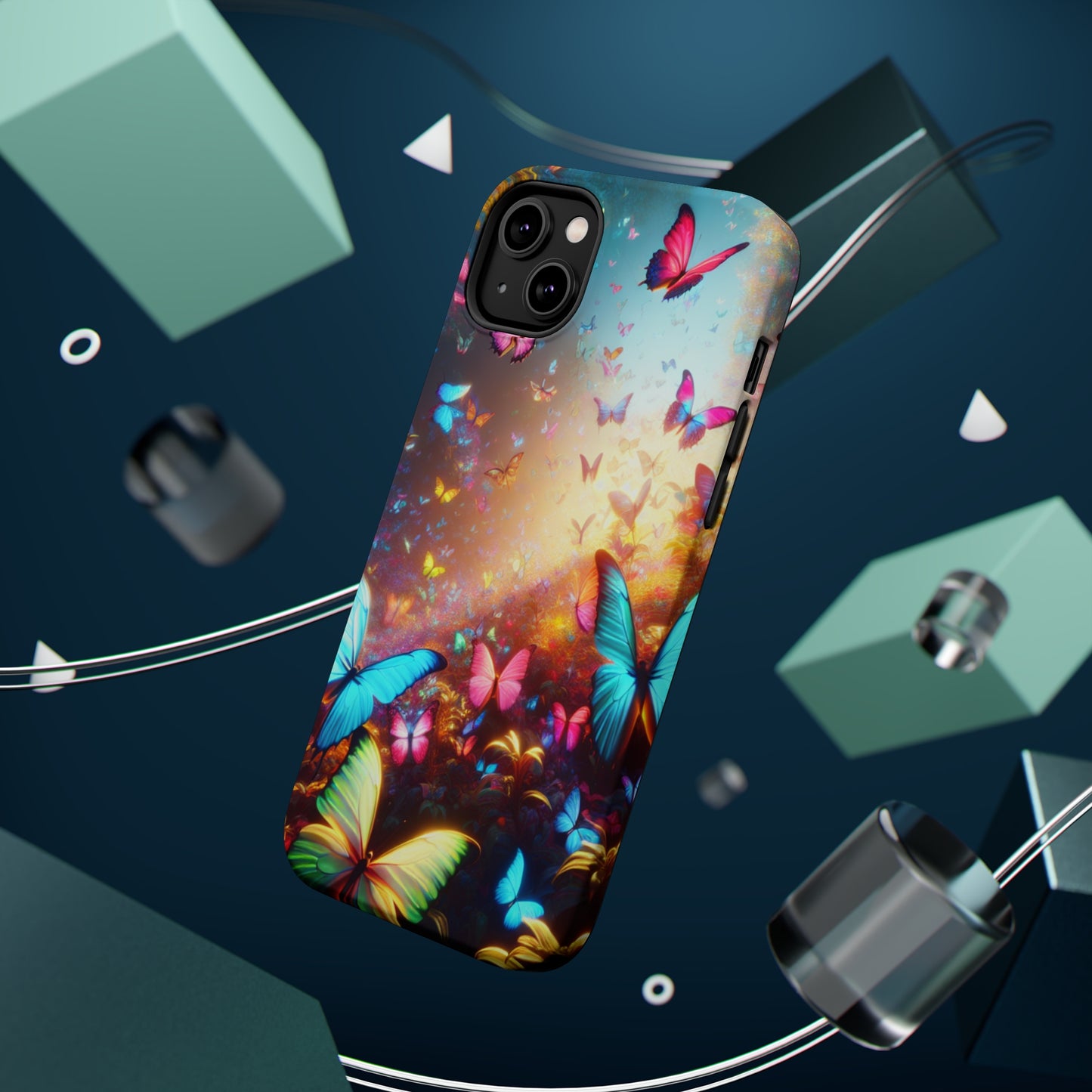 "Neon Butterfly Blooms" Neon Butterflies Premium Art Magsafe Magnet Tough IPhone 13 14 15 Pro Plus Max and Mini in Matte and Glossy Phone cases