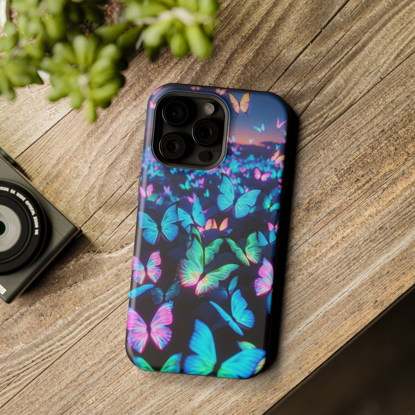 "Fantasia of Neon Butterflies" Neon Butterflies Premium Art Magsafe Magnet Tough IPhone 13 14 15 Pro Plus Max and Mini in Matte and Glossy Phone cases