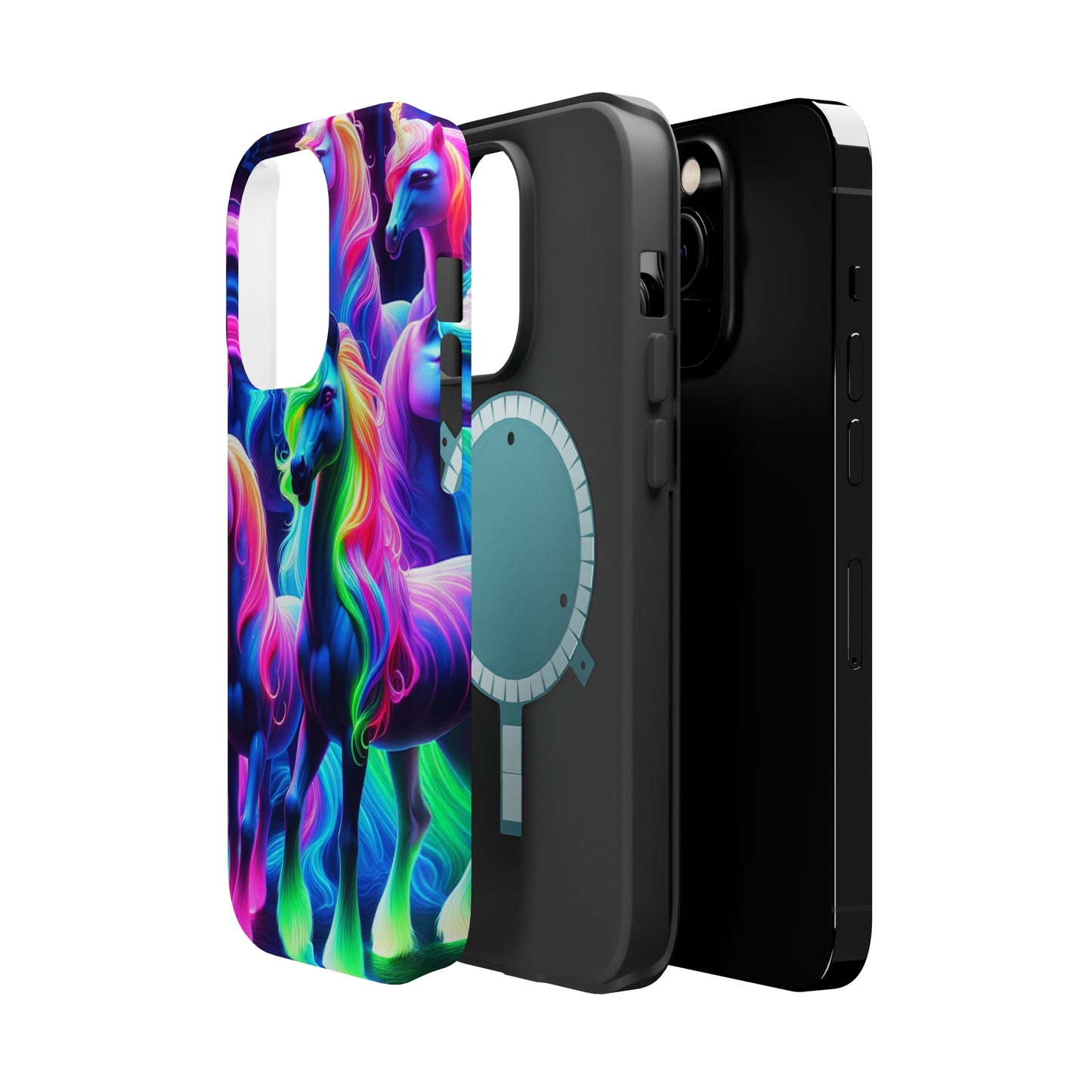 Neon Magic Skies - Unicorn Gang. Neon Unicorns Premium Art Magsafe Magnet Tough IPhone 13 14 15 Pro Plus Max and Mini in Matte and Glossy Phone cases