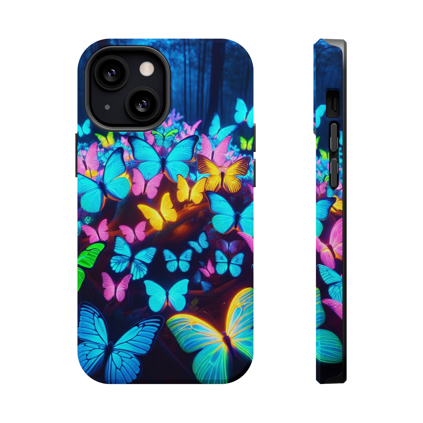 "Scintillating Swirls of Neon Butterflies" Neon Butterflies Premium Art Magsafe Magnet Tough IPhone 13 14 15 Pro Plus Max and Mini in Matte and Glossy Phone cases