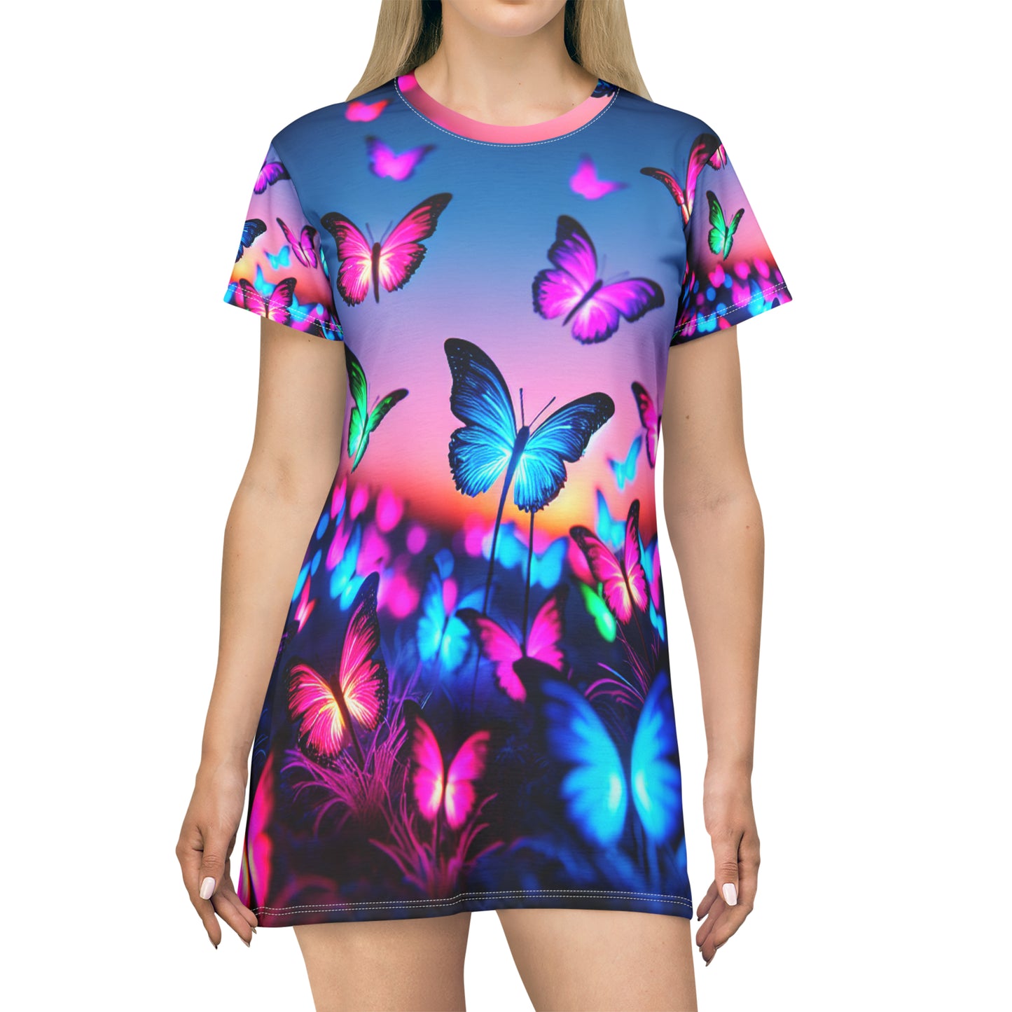"Neon Butterflies Glow" Neon Butterflies Womans T Shirt Dress