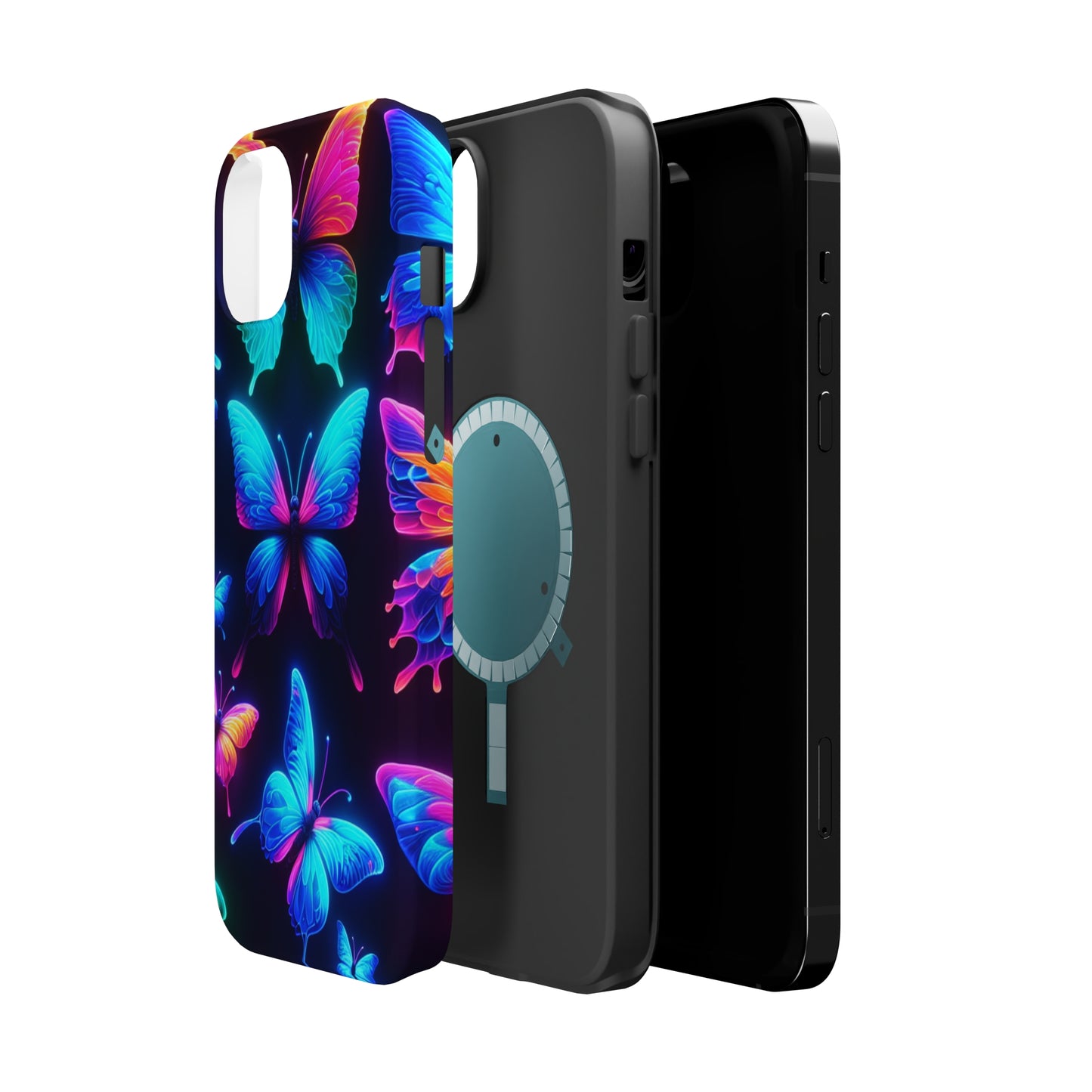 "Neon Flight Frenzy" Neon Butterflies Premium Art Magsafe Magnet Tough IPhone 13 14 15 Pro Plus Max and Mini in Matte and Glossy Phone cases